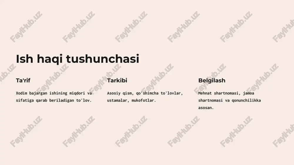 un bir oylik maosh miqdorida to'lanadi. 17 kasbiy tayyorgarlik va malaka oshirish kompensatsiyalari o'qish xarajatlari o'quv kursi to'lovi qoplanadi. yo'l xarajatlari o'qish joyiga borish-kelish xarajatlari qoplanadi. yashash xarajatlari o'qish davrida yashash xarajatlari qoplanadi. 18 shaxsiy mulkdan foydalanish kompensatsiyalari transport vositalari shaxsiy avtomobildan foydalanish xarajatlari qoplanadi. asbob-uskunalar shaxsiy asboblardan foydalanish xarajatlari qoplanadi. boshqa texnika shaxsiy kompyuter va boshqa texnikadan foydalanish xarajatlari qoplanadi. 19 ish haqidan ushlab qolish holat miqdor xodim roziligi bilan cheklanmagan sud qarori asosida 50% gacha alimentlar uchun 70% gacha 20 image-1-1.png image-1-2.png image-2-1.png image-4-1.png image-5-1.png image-6-1.png image-6-2.png image-6-3.png image-6-4.png image-8-1.png image-8-2.png image-8-3.png image-8-4.png image-9-1.png image-10-1.png image-11-1.png image-12-1.png image-14-1.png image-15-1.png image-17-1.png image-18-1.png image-18-2.png image-18-3.png image-18-4.png image-19-1.png image-20-1.png