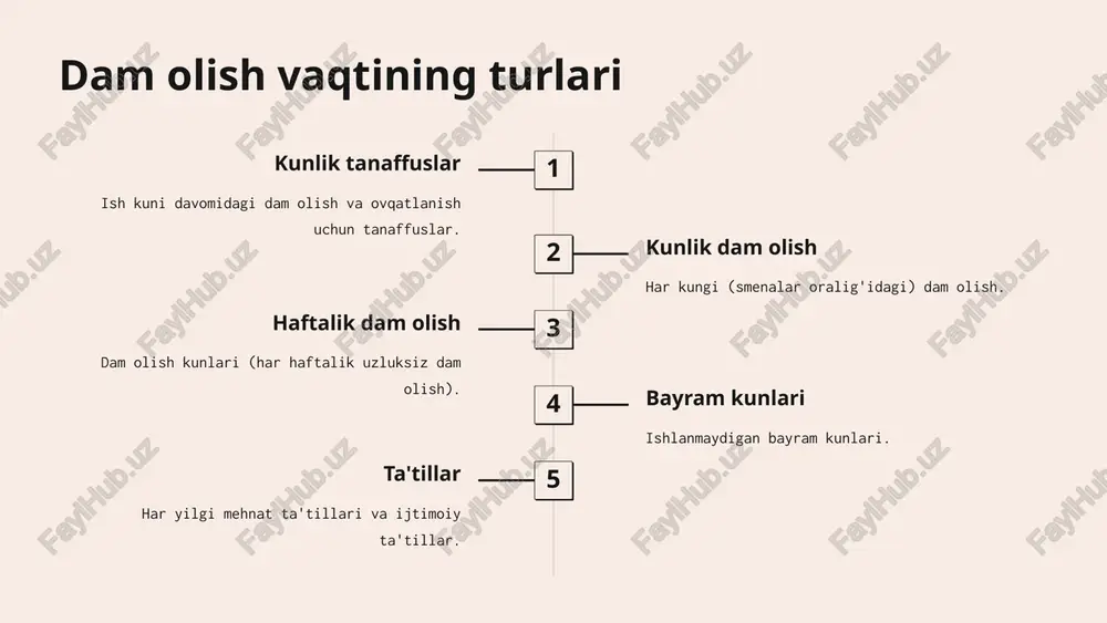 gan va nogironligi bo'lgan xodimlarga ta'tilni bermaslik taqiqlanadi. qismlar ta'til qismlarga bo'linishi mumkin, lekin bir qismi 14 kundan kam bo'lmasligi kerak. 14 ta'til uchun haq to'lash to'lov muddati ta'til boshlanishidan 3 kun oldin hisoblash asosi o'rtacha ish haqi kompensatsiya foydalanilmagan ta'til uchun pulli kompensatsiya cheklovlar 18 yoshga to'lmagan va nogironligi bo'lgan xodimlarga kompensatsiya taqiqlanadi 15 ijtimoiy ta'tillar 1 homiladorlik va tug'ish ta'tili tug'ishdan oldin 70 kalendar kun va tug'ishdan keyin 56 kalendar kun. 2 bolani parvarishlash ta'tili bola 3 yoshga to'lgunga qadar. 3 o'quv ta'tillari ta'lim olayotgan xodimlarga beriladigan ta'tillar. 4 ijodiy ta'tillar ilmiy ish yozish uchun beriladigan ta'tillar. 16 ish haqi saqlanmaydigan ta'tillar berish asosi xodimning yozma arizasi. davomiyligi xodim va ish beruvchi kelishuviga ko'ra, lekin 3 oydan oshmasligi kerak. majburiy hollar urush qatnashchilari, nogironligi bo'lgan shaxslar va boshqalarga. favqulodda holatlar karantin va favqulodda holatlarda 6 oygacha uzaytirilishi mumkin. 17 xorijiy davlatlarda ta'tillar aqsh 10-20 kun buyuk britaniya 4-6 …