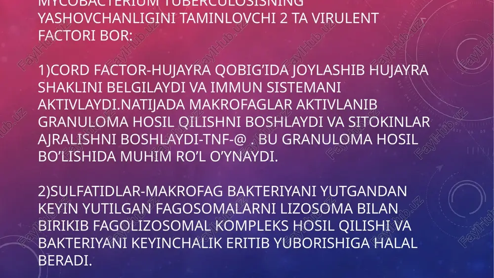hlariga nisbatan jismoniy rivojlanishdan orqada qoladi. periferik limfa tugunlari mayda bo‘lsa-da, qattiqlashadi (mikropoliadenit), ba’zi tugunchalari bir-biri bilan va atrof to‘qimalar bilan yopishib ketganligi aniqlanadi. periferik limfa tugunlaridan punktsiya qilib olingan biopsiya sitologiyasi tekshirilganda limfoid va epiteliod hujayrali bo‘rtmalar, ba’zan mayda kazeoz-erish jarayoni, atrofi fibroz o‘zgarishlar borligi aniqlanadi. o‘pkaning rentgenologik tekshirilganda bemorlarning yarmida : o‘pka ildizi atroflarida pnevmoskleroz, mayda kaltsinatlar va ba’zan o‘pka bo‘laklari orasida plevraning qattiqlashganini aniqlash mumkin. ko‘krak ichi limfa tugunlarining tuberkulozi (tuberkuloz bronxoadeniti) birlamchi silning lokal ko‘rinishlari strukturasida ko‘krak ichi limfa tugunlarining sili 75–80%ni tashkil etib, birinchi o‘rinda turadi. ko‘pincha sildan surunkali zaharlanish davrida limfa tugunlarida sil o‘choqlari paydo bo‘lib, ular kattalashib, strukturasi o‘zgarib, rentgen va tomogramma yordamida tekshirilganda aniqlash imkoniyati tug‘iladi. sil infeksiyasi asosan bronxlarning shilliq qavati orqali limfa tomirlariga o‘tib, so‘ng limfa tugunlarida to‘xtaydi va o‘ziga xos o‘zgarishlar chaqiradi. ko‘krak ichi limfa tugunlarini 4 ga bo‘ladi: paratraxial, bifurkatsion,traxeobronxial va bronxopulmonal. hozirgi vaqtda bronxoadenitlar ikki turda uchraydi: …