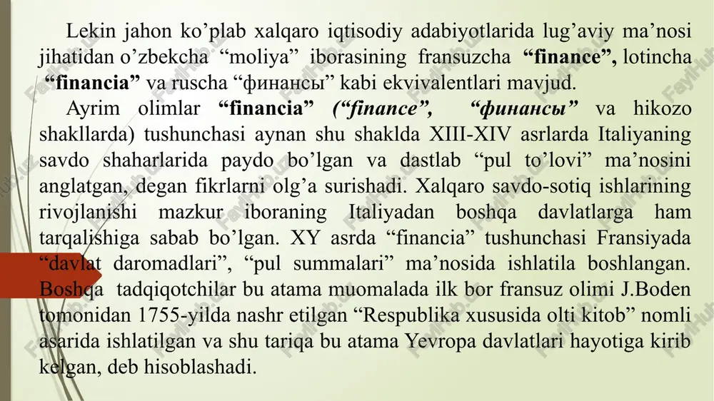 ekanligi markazlashtirilgan va markazlashtirilmagan pul mablag’lari fondlarini yaratish moliya quydagi sub’yektlar o’rtasida vujudga keladigan pul munosabatlarini ifodalaydi: tovar-moddiy boyliklarni sotib olish, mahsulot va xizmatlarni realizatsiya qilish jarayonida korxonalar o’rtasida vujudga keladigan pul munosabatlari; byudjet tizimiga soliqlarni to’lash va xarajatlarni byudjetdan moliyalashtirish davomida korxona va davlat o’rtasida vujudga keladigan pul munosabatlari; markazlashtirilgan pul mablag’lari fondlarini yaratish va ularni taqsimlash borasida korxonalar va ularning yuqori organlari o’rtasida vujudga keladigan pul munosabatlari; soliqlar va boshqa ixtiyoriy to’lovlarni to’lash jarayonida davlat va fuqarolar o’rtasida vujudga keladigan pul munosabatlari; sug’urta badallarini to’lash va zararlarni qoplash, sug’urta hodisasi ro’y bergan paytda aholi, korxonalar hamda mulkiy va shaxsiy sug’urta organlari o’rtasida vujudga keladigan pul munosabatlari; to’lovlarni amalga oshirish va resurslarni olish jarayonida korxonalar, fuqarolar va nobyudjet fondlari o’rtasida vujudga keladigan pul munosabatlari; byudjet tizimining alohida bo’g’inlari o’rtasida vujudga keladigan pul munosabatlari; korxona fondlarining doimiy doiraviy aylanishiga xizmat qiluvchi pul munosabatlari. bu funksiyalar moliya tomonidan bir vaqtning o’zida …