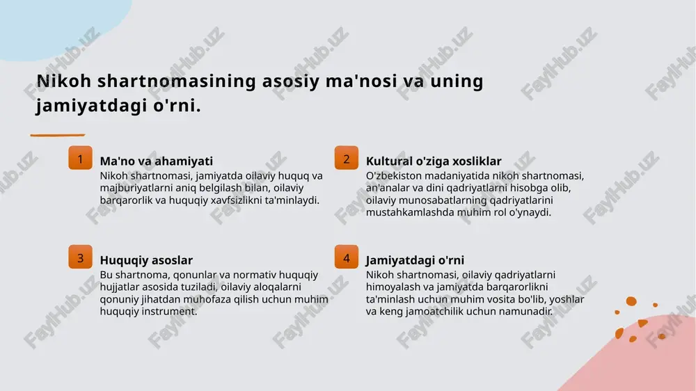 viy huquqlar va majburiyatlarni aniqlashda muhim rol o'ynaydi. an'anaviy o'zbek madaniyatida nikoh shartnomasi oilaviy qadriyatlarni saqlash va rivojlantirishda, shuningdek, oilaviy muammolarni oldini olishda muhim huquqiy va madaniy vositadir. madaniy an'analarga asoslangan nikoh shartnomasining o'ziga xos xususiyatlari. an'analarga mos keluvchi shartlar madaniy an'analarga asoslangan nikoh shartnomalari, odatda, diniy va mahalliy urf-odatlarga muvofiq tarzda tuziladi. bu shartlar oilaviy qadriyatlarni va an'analarni hisobga oladi. ruhiy va madaniy qadriyatlar bu shartnomalar, odatda, diniy e'tiqodlar va madaniy qadriyatlarni o'z ichiga oladi, oilaviy muhit va axloqiy tamoyillarni mustahkamlashga xizmat qiladi. mahalliy urf-odatlar hududiy urf-odatlar va an'analarga muvofiq, nikoh shartnomalari yoshlar va ularning oilalarining madaniy ehtiyojlariga moslashadi, jamiyatning o'ziga xosligini aks ettiradi. huquqiy normlar va qonunlar: uzbekistanda nikoh shartnomasining yasal asoslari. 1 huquqiy asoslar - o'zbekiston respublikasida nikoh shartnomasi uchun asosiy huquqiy hujjat "o'zbekiston respublikasining oila kodeksi" hisoblanadi. bu kodeks nikoh va oilaviy munosabatlarni tartibga soladi. 2 qonuniy tartiblar - nikoh shartnomasi davlat tomonidan belgilangan yasal tartiblar …