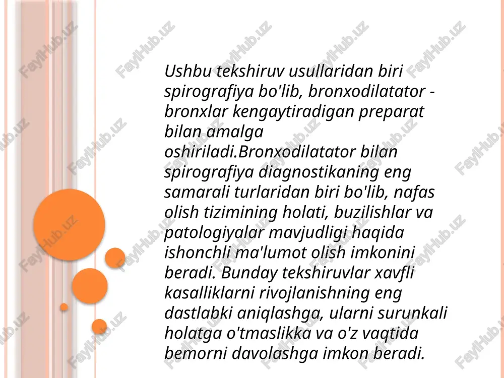 arga kiritiladi.allergenlar bilan bronxlarda o’tkaziladigan sinamalrni xisobga olish uchun o’pkaning tashqi nafas funksiyasini o’lchash va boshqa klinik usullar(auskultatsiya,qonning umumiy taxlili,eozinofillar) qo’llaniladi.agar tiffno indeksi yoki pnevmotaxometriya ko’rsatkichlari sinamalardan keyin 20% gacha va undan ko’proq miqdorga kamaysa,sinama musbat xisoblanadi. bronxlarda o’tkaziladigan provokatsion sinamalari quyidagicha baxolanadi: gumonli (+) bunda faqat subektiv shikoyatlar bo’ladi musbat(++) bunda “shokli” azoda obyektiv o’zgarishlar aniqlanadi keskin musbat(+++) bunda boshqa azolarda va tizimlarda xam reaksiya aniqlanadi oziq-ovqat allergiyasini tashxislash uchun provokatsiya leykopenik sinamadan foydalaniladi.periferik qondagi leykotsitlar soni naxorga(och qoringa) eliminatsion parxez sharoitida aniqlanadi.keyin gumon qilingan oziq –ovqat mahsulotidan 100 g beriladi,60-90 daqiqalardan keyin leykotsitlar soni qaytadan aniqlanadi.agar qondagi leykositlar soni 1ml da 1000 tadan xam kamayib ketgan bo’lsa,sinama musbat xisoblanadi. xuddi shu tekshirishni trombotsitlar bilan xam o’tkazish taklif qilingan-trombositopenik test,sinama musbat bo’lgan xollarda ularning soni 20%gacha kamayadi.”shokli” azoda xam reaksiya kuzatilishi mumkin. teri sinamalariga qarshi ko’rsatmalar 3 yoshgacha bo’lgan bolalar; o’tkir(yoki surunkali qo’zish davrida)allergik yoki infeksion kasalliklar; somatik kasaliklar …