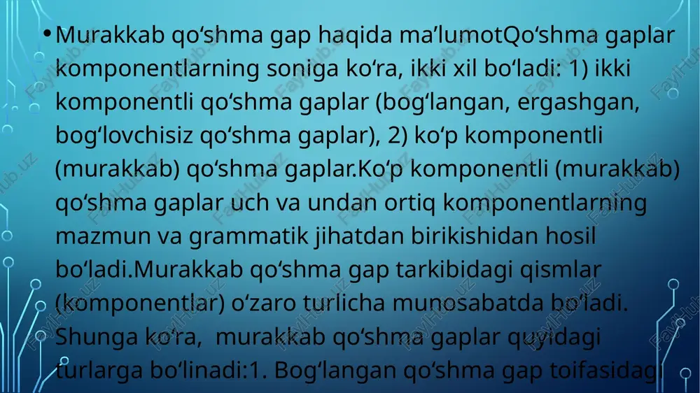 i teng bog`lovchilar vazifasidagi yuklamalar orqali sintaktik aloqaga kirishadi. murakkab qo`shma gapning bu turida uch va undan ortiq gaplar bog`lovchi vositalarsiz, ohang (intonatsiya) orqali bog`lanadi, bu jihatdan u oddiy bog`lovchisiz qo`shma gapdan farqlanmaydi, lekin bunda gaplar orasidagi semantik munosabatlar murakkabroq bo`ladi: mavzu:oʼzga gap va uning turlari reja: 1. o‘zgalarning nutqini ifodalash usullari. 2. ko‘chirma gaplar va ularda tinish belgilarining qo‘llanilishi. 3. o‘zlashtirma gaplar haqida ma’lumot. 4. dialog gaplar haqida ma’lumot. muallif o'z nutqida boshqalar ifodalagan fikrlardan ham foydalanishimumkin. bunday fikrlar ko'chirma gap, o'zlashtirma gap, dialog va ko'chirma shaklida beriladi.o'zgalarning hech o'zgarishsiz berilgan gapi koʻchirma gap deyiladi. ko'chirma gapda ikki xil gap bo'ladi: ko'chirilgan gap va muallif gapi. ikkalasi birgalikda ko'chirma gapli qo'shma gapni hosil qiladi (20; 66). muallif gapining kesimi dedi, deb so'radi, deb javob berdi, gapirdi, so'zladi, aytdi kabi fe'llar bilan ifodalandi. ko'chirma gaplar so'zlashuv va badiiy uslublarda ko'p ishlatiladi. ko'chirilgan gap muallif gapidan avval, undan keyin, uning ichida, …