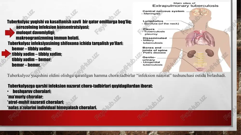 agi nisbatan dag‘al o‘zgarishlarni aniqlash imkonini beradi auskultatsiya. nafasning susayishi plevrit, plevral bitishmalar va pnevmotoraks uchun xos bo‘ladi. dag‘al yoki bronxial nafas yallig‘langan o‘pka to‘qimasi ustida, amforik nafas - keng drenajlovchi bronxli gigant kaverna ustida eshitiladi. bakteriologik tashxis tuberkulyozga shubha bo‘lganida balg‘am yig‘ishni tashkillashtirish va usullari. 2 ta balg‘am namunasini olish kerak. bakterioskopik usul. sil-nilsen usulida (yorug‘lik mikroskopiyasi) yoki flyuoroxrom bo‘yoqlar (lyuminessent mikroskopiya) bakteriologik usul yoki kultural usul tuberkulyoz mikobakteriyasi koloniyalarini (mayda, sarg'ish, qo‘pol yuzali) aniqlash qattiq oziqa muhitlarga - levenshteyn-yensen, finn, petroliani bactec-960 yangi bakteriologik usul — mgit bactec-960 apparatida mbt o‘sishini tezlashtirish maqsadida turli xil qo‘shimchalar saqlovchi va maxsus gazli aralashmali oziqa muhitlar qo‘llaniladi. mbt o‘sishining koloniya paydo bo‘lish davri 33 kundan 11 kungacha qisqaradi. ekspress tadqiqot usullari genexpert mtb/rif usuli bu haqiqiy vaqt bo‘yicha to‘liq avtomatlashtirilgan pzr tizimi hisoblanadi genexpert mtb/rif tizimi o‘z ichiga kompyuter, barkodani sanash uchun skaner va tajribani o‘tkazish uchun reagent saqlovchi bir martalik …