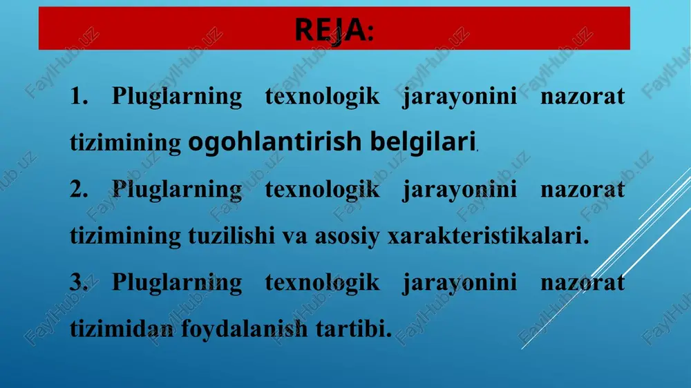 k rejimga o’tkazish displeyi tarkibi funktsiyasi joriy haydash tezligi [km/soat] menyu: haydash tezligini tanlash signal, 26-bet status xabarlar mashinaning holati: ko'tarish yoki boshqarish operatsiyalar statusi: f-operatsiya va o-operatsiya qo'shimcha qo'l bo'limini boshqarish yoqish shudgorlash pozitsiyalari: - burilish holati moviy harf = faol tomon burchagi shudgor tomoni [°] joriy ish kengligi chuqur yumshatkichning ish kengligi ishlash chuqurligi monitoring: shudgorlash xabarlar ma'lumot - bu reaktsiyani talab qiladigan xabar. ogohlantirishlar – bu yetishtirish mumkin bo'lgandan keyingi xabarlar. nosozliklar - bu yetishtirish ruxsat berilmaydigan xabarlar. agar ma'lumot mavjud bo'lsa, smaylinka yashil bo'lib qoladi agar ogohlantirishlar yoki nosozliklar bo'lsa, smaylinka boshqacha bo'ladi rang ogohlantirishlar bilan qanday ishlash kerak? menyularda ogohlantirishlar yopilishi mumkin. yopiq ogohlantirishlar 20 soniyadan keyin yana ko'rsatiladi ogohlantirishlar xato jurnalida keltirilgan bo’ladi. ogohlantirishlar xato jurnalidan 5 soniyadan keyin avtomatik ravishda o'chiriladi ogohlantirish sababi bartaraf etilgandan keyin. menyular uchun ogohlantirishlar yashirin bo’lishi mumkin qishloq xo’jaligi texnika va texnologiyalari kafedrasi stajyor-o’qituvchisi sharipov shokir xolboy o’g’li …