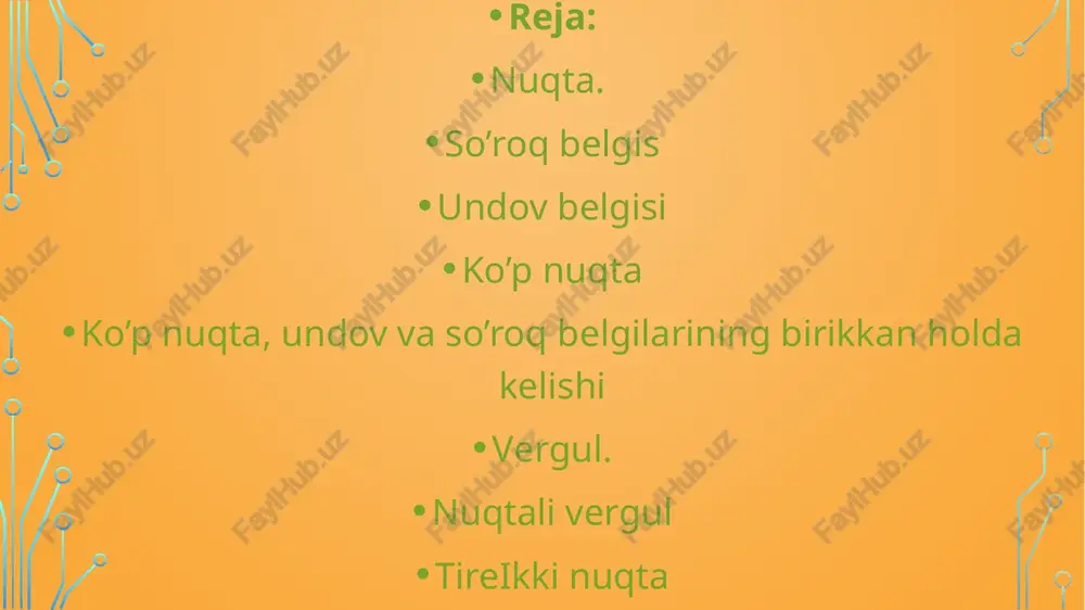 o’roq mazmuniga qaraganda his-hayajon kuchli bo’lgan gaplardan so’ng qo’yiladi: qani bu yerda insof, qani bu yerda adolat degan narsa !? (h.h.) 2. so’roq va undov belgisi birikkan holda (?!) kuchli his-hayajon, taajub bilan aytilgan so’roq gaplardan so’ng qo’yiladi: jamiki kambag’al xalq qo’lni-qo’lga berib, yaktan bo’lib tursa, kimning haddi bor mardikor olishga?! (o.) 3. undov belgisi va ko’p nuqta birikkan holda (!....) mazmunan tugallanmagan hamda kuchli his-hayajon ifodalangan o’rinlarda qo’llanadi: uyatni bilasizmi?... (a.q.) 4. so’roq belgisi va ko’p nuqta birikkan holda (?....) mazmunan tugallanmagan so’roq gaplardan so’ng ishlatiladi: ayb kimda ?... ayb nimada ? yoki yer yomonmi ?... (u.) vergul. vergul quyidagi o’rinlarda qo’llaniladi: uyushiq bo’laklar orasida: 1) bog’lovchisiz birikkan uyushiq bo’laklar orasida: andijon, namangan, qo’qon, marg’ilon -o’zbekning chamani, bog’u bo’stoni. (g’.g’.) 2) takrorlanuvchi bog’lovchilar bilan birikkan uyushiq bo’laklar orasida: saodat, goh men bilan, goh atlas bilan mashg’ul, boyagi uyalib turishini bir yoqqa yigishtirib qoygan edi. (a.q.) 3) zidlovchi boglovchilar yordami …