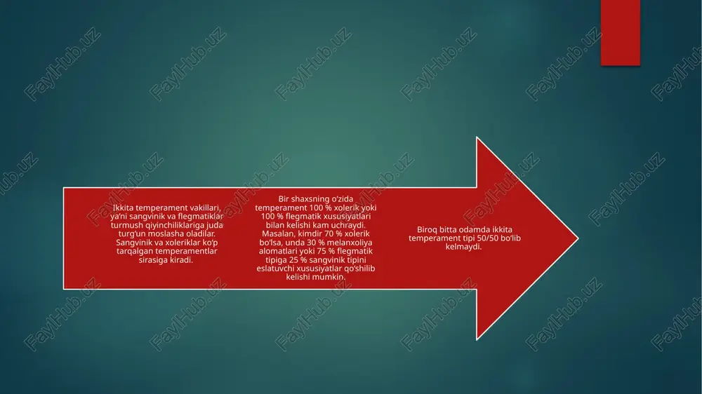 igi va raqobatni o'z ichiga olmasligi juda muhimdir. aks holda, ular tezda so'hadilar, qiziqishni yo'qotadilar. ularning ijodiy qobiliyatlariga hasad qilish mumkin! shu bilan birga, ular kuzatuvchan, xotirjam fikr yuritishga qodir. tabiatni video va suratga olish, baliq yoki sudralib yuruvchilarni ko'paytirish, kashtachilik, rasm chizish melanxoliklarning sevimli mashg'ulotlarining faqat bir qismidir. xolerik uchun xobbi raqobat, faollik va chetdan e`tibor - bunday xobbiga xolerik vujudi bilan beriladi. u mukofotlarni va boshqalarning hayratini yaxshi ko'radi. ulardan ajoyib aktyorlar, raqqosalar va hatto rejissyorlar yetishib chiqadi. temperamentni aniqlash testi har bir savolga a, b, c yoki d javoblardan birini tanla. oxirida nechtadan a, b, c, d tanlaganingni sanaymiz. 1️⃣ agar seni yangi joyga taklif qilishsa, sen: a) darhol rozilik bildiraman, yangi joylar yoqadi. b) o‘ylab ko‘raman, lekin oxirida boraman. c) avval boshqalar bilan maslahatlashaman. d) ko‘pincha bormayman, o‘zimni noqulay his qilaman. 2️⃣ agar kimdir senga tanbeh bersa: a) jahl qilaman, lekin tezda unutaman. b) asabiylashaman, lekin …