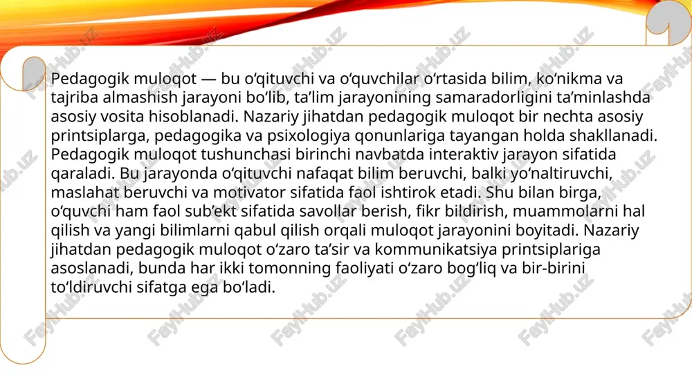 yondashuv va individual muloqot. har bir o‘quvchi o‘ziga xos qobiliyat, qiziqish va ehtiyojlarga ega bo‘lgani sababli, muloqot jarayonida individual yondashuvni ta’minlash zarur. bu usul o‘quvchilarning mustaqil fikrlashini rag‘batlantiradi, o‘quv jarayonida qiyinchiliklarga duch kelgan talabalarni qo‘llab-quvvatlaydi va mavzuni yaxshiroq tushunishga yordam beradi. individual yondashuv, shuningdek, o‘quvchilarning o‘ziga bo‘lgan ishonchini oshiradi va ularni faoliyatga jalb qiladi. pedagogik muloqot jarayoni — bu o‘qituvchi va o‘quvchilar o‘rtasidagi bilim, ko‘nikma va tajriba almashishining uzluksiz va tizimli bosqichlar ketma-ketligi bo‘lib, ta’limning sifatini ta’minlashda markaziy ahamiyatga ega. ushbu jarayon ikki tomonlama ta’sirga asoslanadi, bunda o‘qituvchi faqat ma’lumot beruvchi emas, balki yo‘naltiruvchi, motivator va maslahat beruvchi sifatida ham faol ishtirok etadi, o‘quvchi esa faol sub’ekt sifatida savollar berish, fikr bildirish, muammolarni yechish va yangi bilimlarni qabul qilish orqali muloqot jarayonini boyitadi. pedagogik muloqot jarayoni bir necha bosqichdan iborat bo‘lib, ular o‘zaro uzviy bog‘langan. birinchi bosqich — tayyorgarlik. image2.png image3.jpeg image4.jpeg image5.jpeg image1.png /docprops/thumbnail.jpeg