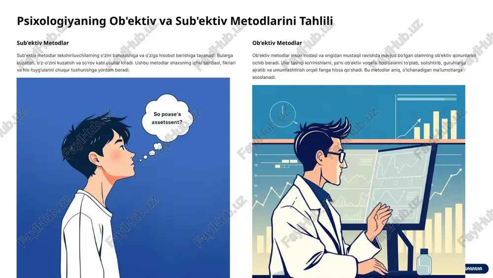 r; shaxs testlari; yutuqlarga erishish testlari; mezonli-yo'naltirilgan testlarga ajratiladi. shakliga ko'ra testlar individual va guruhli bo'lib, o'tkazilish usuliga ko'ra farqlanadi. individual testlar bir kishi bilan, guruhli testlar bir vaqtning o'zida ko'p odam bilan o'tkaziladi. ushbu tasniflash testlarni to'g'ri tanlash va qo'llash imkonini beradi, bu esa tadqiqot natijalarining ishonchliligini oshiradi. 8 psixodiagnostik metodlar: texnika usullari 1 4. xulq-atvorga asoslangan testlar sinaluvchilarning xulq-atvori ifodalanishini baholashga asoslangan testlar, masalan, shaxsning guruh tomonidan baholanishi metodikasi (shgb). 2 3. "qalam va qog'ozli" testlar diqqatni tashhislash uchun matndagi ma'lum harflarni o'chirish yoki labirintdan eng yaqin chiqish yo'lini chizish kabi sinovlar. 3 2. so'rov metodikalari (sub'ektiv testlar) g. ayzenk va r. kettelning umumshaxsiy testlari kabi so'rovnomalar orqali shaxsiyat xususiyatlari aniqlanadi. 4 1. ob'ektiv testlar asbobli, psixofiziologik sinovlar, masalan, emotsional holatni belgilovchi teri-galvanik refleksini o'lchash. har bir texnika o'ziga xos afzalliklarga ega bo'lib, psixologik hodisalarni turli nuqtai nazardan o'rganishga imkon beradi. 9 image1.png image2.png image3.png image4.png image5.png image6.png …