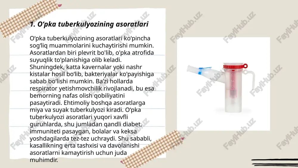 torakotsentez orqali suyuklikni chiqarib tashlash mumkin. diagnostika uchun rentgen, ultratovush yoki kompyuter tomografiya (kt) metodlaridan foydalaniladi. ... t.me/slaydai_bot oʻpka emfizemasi — bu surunkali obstruktiv o'pka kasallik (so'ok) turiga kiruvchi holat bo'lib, unda o'pkaning alveolalari majruhlikka uchraydi. alveolalar orasidagi devorlar shikastlanadi va ularning elastikligi pasayadi, bu esa nafas olishni qiyinlashtiradi. ko'pincha chekish tufayli rivojlanadi. emfizema bilan yashovchi odamlar odatda uzoq davom etgan yo'tal va nafas qisqarishidan aziyat chekadi. bu kasallik ko'proq 40 yoshdan oshgan odamlarda uchraydi. dunyo boʻyicha so'ok bilan yashovchilar soni taxminan 200 million bo'lib, shulardan katta qismi emfizemaga ega. emfizemani to'g'ri davolash kasallik jarayonini sekinlashtirishi mumkin. ... t.me/slaydai_bot 7. nafas olish muskulining zaifligi nafas olish muskullarining zaifligi (respirator mushaklarining zaifligi) nafas olish jarayonida ishtirok etadigan muskullar, jumladan diafragma, interkostal va abdomino muskullarining yetarlicha kuchga ega emasligi holatini anglatadi. bu holat nerv-muskul kasalliklari, masalan, myastenia gravis yoki als (amyotrofik lateral skleroz) natijasida kelib chiqishi mumkin. tadqiqotlar shuni ko'rsatadiki, nafas olish …