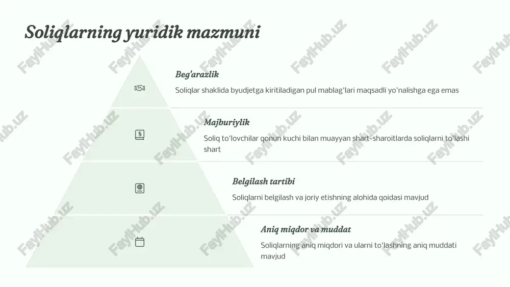 axsga muayyan huquqlarni yoxud ruxsat etuvchi hujjatlarni berish shartlaridan biri bo'ladi. 8 soliqlarning funksiyalari fiskal funksiya byudjet tizimi va byudjetdan tashqari jamg'armalarda to'planadigan davlat moliyaviy resurslari shakllantiriladi hamda ular davlat o'z funksiyalarini bajarishi uchun foydalaniladi. tartibga solish funksiyasi soliqlar ijtimoiy ishlab chiqarish, uning tuzilmasi va dinamikasiga, fan-texnika taraqqiyotini tezlashtirishga iqtisodiy ta'sir ko'rsatuvchi muhim vosita bo'lib xizmat qiladi. qayta taqsimlash funksiyasi soliq tizimi yalpi milliy mahsulotni qayta taqsimlashni amalga oshiradi va bu bilan u iqtisodiyotni tuzilmaviy qayta qurish, aholiga ijtimoiy kafolatlarni ta'minlashda bevosita ishtirok etadi. 9 fiskal funksiya soliqlarning asosiy vazifasi soliqlarning fiskal funksiyasi ular tabiatining o'zi bilan belgilanadi, ular majburiy tartibda va beg'araz davlat daromadiga kelib tushadi. davlat xarajatlarini qoplash soliqlar davlat tomonidan o'z xarajatlarini qoplash uchun ishlatiladi. davlat funksiyalarini ta'minlash fiskal funksiya vositasida soliqlarning bosh ijtimoiy vazifasi amalga oshiriladi - byudjet tizimi va byudjetdan tashqari jamg'armalarda to'planadigan davlat moliyaviy resurslari shakllantiriladi. 10 tartibga solish funksiyasi ishchanlik faolligini rag'batlantirish soliqlar …