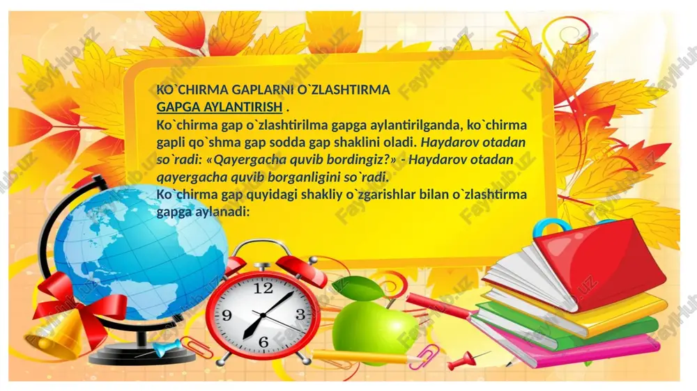 qismlarga bo‘linib, o‘rtada ko‘chirma gap keldi. bunda, muallif gapining birinchi qismidan keyin ikki nuqta, qo‘shtirnoqqa olingan ko‘chirma gapdan keyin tire qo‘yiladi, so‘ng muallif gapining davomi keladi. e’tiboringiz uchun rahmat !!! . image1.jpg image2.png image3.jpg image4.gif image5.png image6.jpeg image7.jpg image8.png image9.jpg /docprops/thumbnail.jpeg