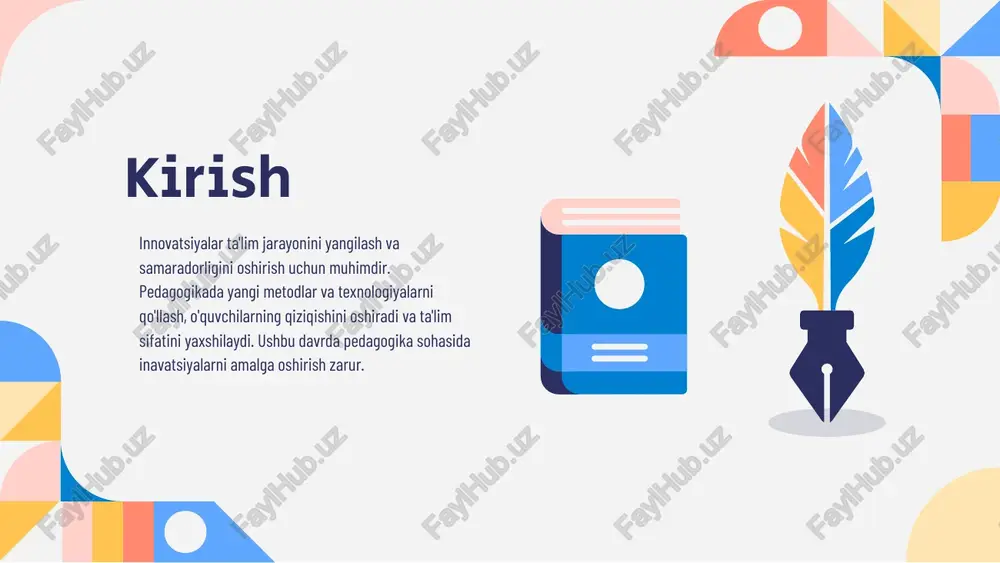 sida interfaol darslar va loyihaviy faoliyatlar mavjud. interfaol texnikalar talabalarning faolligini oshiradi. bular jamoaviy muammolarni hal etish va muhokama qilish kabi jarayonlarni o'z ichiga oladi. loyihaviy faoliyat yangi bilimlarni amalda qo'llash imkonini yaratadi. bu metod orqali talabalar o'z ijodkorliklarini namoyish etishlari mumkin. onlayn ta'lim metodlari keng tarqalmoqda. ular zamonaviy texnologiyalar yordamida masofaviy imkoniyatlarni taklif etadi va doimiy yangiliklarni taqdim etadi. yangi metodlar turlari interfaol texnikalar loyihaviy faoliyat onlayn ta'lim metodlari amaliy tajribalar haqida muhokama amaliy tajribalar innovatsion metodlarni qo'llashda muhim o'rin tutadi. ushbu tajribalar ta'lim jarayonini yanada samarali va qiziqarli qilishga yordam beradi. muammolar, natijalar va o'zgarishlar haqida ochiq muhokama olib boramiz. o'qituvchi rolini o'zgartirish o'qituvchi roli ta'lim jarayonida muhim ahamiyatga ega. innovatsion metodlar orqali o'qituvchilar o'zlarining rolini o'zgarishlarga moslashtiradi va talabalarni faol ishtirok etishga undaydilar. bu yondashuv, o'quvchilarning mustaqil fikrlash va ijodkorlik qobiliyatlarini rivojlantirishga yordam beradi. xulosa pedagogikada inavatsiyalar ta'lim jarayonini yanada samarali va qiziqarli qilishga yordam beradi. yangi …