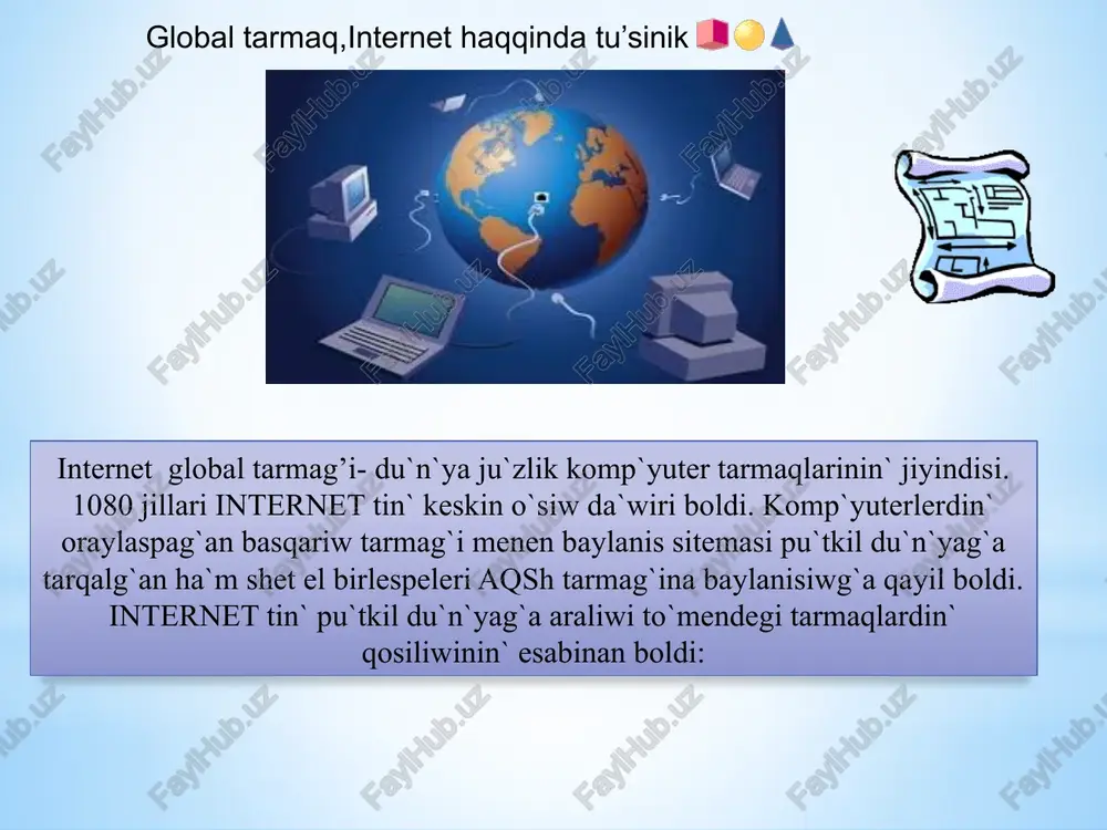 inda jumisti sho’lkemlestiriw usillari, internet tarmag’ina mag’liwmatlar jaylastiriw haqqindag’i ko’nlikpelerge iye boliw -internet sistemasinda islew; telekommunikatsiya qurallari menen islew; lokal kompyuter tarmag’inda islew; ko’nlikpelerine iye boliwi kerek. kompyuter tarmag’i haqqinda mag’liwmatlar beriw; -ha’r bir insannin’ turmisinda ha’m ja’miyet rawajlaniwinda xabar texnologiyalarinin’ rolin ko’rsetiw; -regionalliq, lokal ha’m global kompyuter tarmaqlarinin’ imkaniyatlarin aship beriw; juwmaqlap aytqanda bul o’z-betinshe jumis paint grafikaliq redaktorina bag’ishlangan ha’m bul dastu’rdi har bir paydalaniwshi biliwi lazim. adebiyatlar 1. aripov m. i̇nformatika v a informatsion texnologiyalar. oliy oquv yurti talabalari uchun darslik t. 2005 y. 2. a.s. kucharov, g. shakirova. i̇nternet. t-2001 “i̇brat”. 3. aripov m. i̇nternet va elektron pochta asoslari.- t.; 2000 y. 4. a.r.maraximov. internet va undan foydalanish asoslari (o‘quv qo‘llanma). toshkent 2001 "abl - soft" www.pedagog.uz www.ziyonet.uz www.intuit.ru www.uz.infocom.uz www.istedod.uz www.ref.uz image1.jpeg image2.jpeg image3.gif image4.gif image5.png image6.emf ______microsoft_powerpoint1.sldx image7.emf image8.gif image9.gif ______microsoft_powerpoint2.sldx image10.gif image11.emf ______microsoft_powerpoint3.sldx image12.png image13.gif image14.jpeg image15.png image16.png image17.png image18.png image19.gif image20.jpeg tarmaqarqaliusinisetilgen …