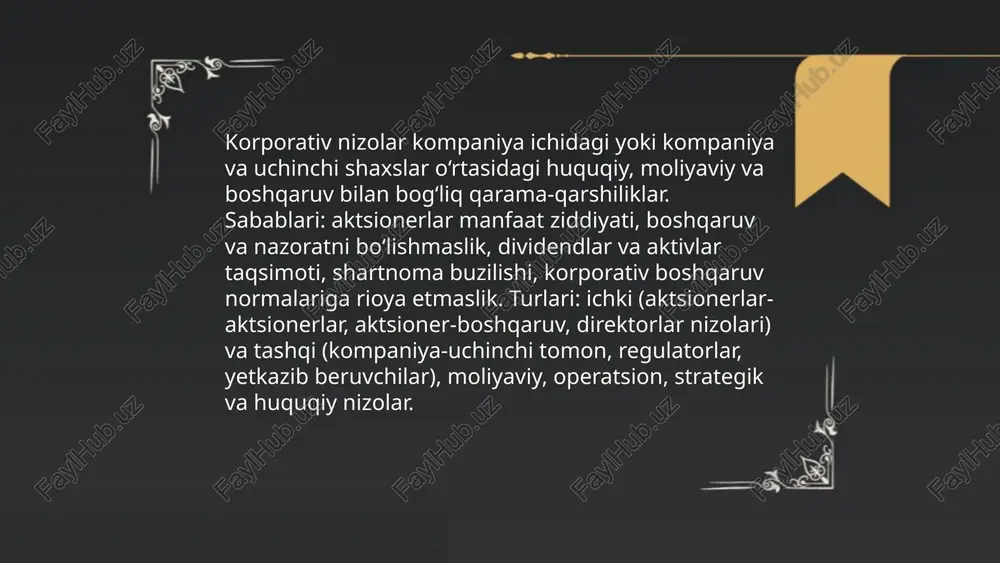 ati bilan. meditatsiya ixtiyoriy, tomonlararo kelishuvga yoʻnaltirilgan, nizoni tomonlar mustaqil ravishda hal qiladi. ikkala usul ham huquqiy xarajatlarni kamaytiradi, biznes obroʻsi va munosabatlarni saqlashga yordam beradi. arbitraj qarorlarining ijrosi 1958 yilgi nyu-york konventsiyasi orqali xalqaro jihatdan taʼminlanadi. ... t.me/slaydai_bot sud tartibida korporativ nizolarni ko‘rib chiqishda huquqiy vakillik, da’vo qo‘yish huquqi va manfaatdor tomonlar aniqlanadi. sudlar qonun, ustav va aktsiyadorlar bitimlariga asoslanadi. derivativ da’volar va kompaniya nomidan da’vo qo‘yish tartibi alohida nazorat qilinadi. favqulodda choralar: vaqtincha taqiq va injunktiv choralar qo‘llanadi. dalillarni yig‘ish, ekspertiza va kompaniya hujjatlari tekshiruvi muhim. qarorlarni ijro etish, ajrimlar, zararlarni qoplash va tartibga solish choralariga oid xususiyatlar mavjud. apellyatsiya va muddatlarga rioya qilinadi. korporativ nizolar va ularni hal qilish tartibi mirzaabdullayeva nargiza kamolova shohsanam e'tiboringiz uchun raxmat! image1.png image2.png image3.jpg /docprops/thumbnail.jpeg