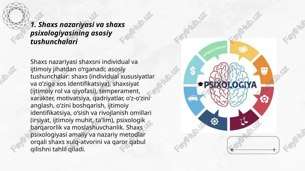 kllantiradi; bolalik tajribalari ego va superego rivojlanishini belgilaydi. mudofaa mexanizmlari ego tomonidan ishlatiladi; muvozanat ruhiy sog'liqni ta'minlaydi, dominant id yoki superego muammolarga olib keladi. ... t.me/slaydai_bot humanistik yondashuv shaxs psixologiyasida insonning ichki tajribasi, erkin iroda va o'sish potentsialiga urg'u beradi. maslowning o'zini o'zi amalga oshirish g'oyasi va rogersning mijozga yo'naltirilgan terapiyasi asosiy tamoyillar: shartsiz ijobiy qabul, samimiylik (kongruensiya), empatiya. ushbu yondashuv shaxsning o'z-o'zini anglashini, avtonomiya va o'ziga bo'lgan hurmatini mustahkamlash orqali ijodkorlik, ma'no va moslashuvchanlikni rag'batlantiradi. terapiyada xavfsiz muhit va emotsional qo'llab-quvvatlash o'sishni ta'minlaydi. shaxs psixologiyasi mirzaabdullayeva nargiza e'tiboringiz uchun raxmat! image1.png image2.png image3.png image4.jpg image5.png image6.jpg image7.jpg /docprops/thumbnail.jpeg