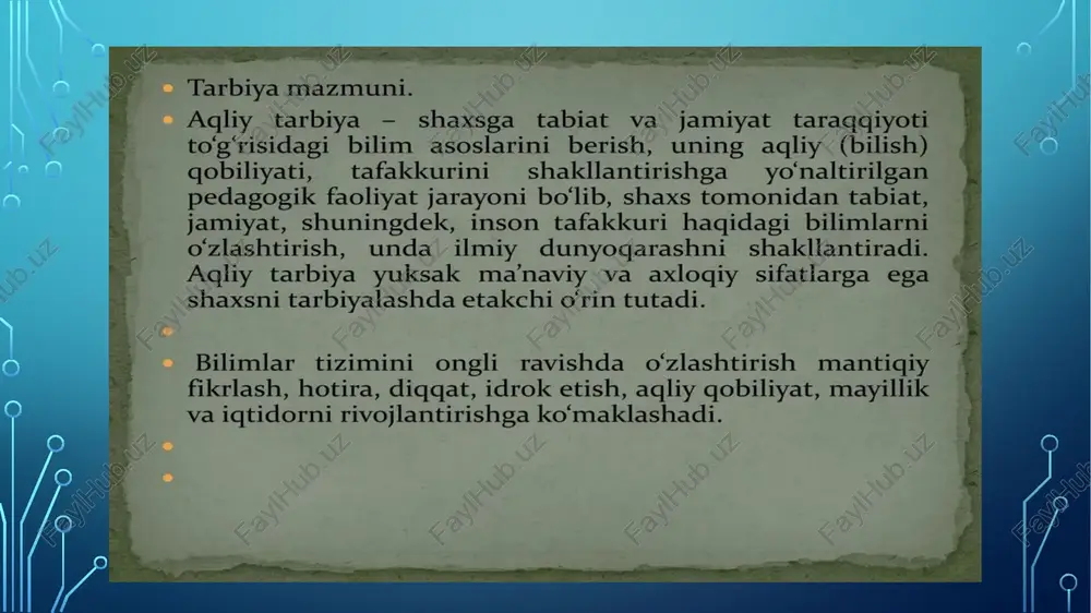 i. tarbiyaning maqsadi har tomonlama kamol topgan, mukammal inson shaxsini tarbiyalashdir; komil insonni tarbiyalash asrlar davomida tarbiyaning yetakchi maqsadi bo’lib kelgan: - tarbiyaning dialektik xususiyati; - tarbiya va o’z-o’zini tarbiyalashning birligi; - tarbiya va shaxs rivojlanishining o’zaro bog’liqligi; - tarbiya jarayonining ham ikki tomonlama xususiyatga ega ekanligi; - tarbiyaning maqsadi, vazifalari, mazmuni, shakl va metodlarining o’zaro bog’liqligi; - tarbiyaning maqsad, vositalari va natijalari o’rtasida bog’liqlik bor; - tarbiya jarayonida shaxs va jamoaning o’zaro bog’liqligi va boshqalar. yuksak madaniyatli mutaxassisni ma’naviy – axloqiy tarbiyalash milliy tarbiyaning bosh maqsadi. bu maksad jamiyatning axloqiy bir olingan extiyojlarni aks ettirishini, uning moxlyatini, ideal talablarini, o‘ziga xosligi va fazilatlarini, hayot munosabatini, aqliy, axloqiy, jismoniy, estetik rivojlanishini nazariy asoslaydi va umumlashtiradi. tarbiya jarayonining mohiyati shu jarayon uchun xarakterli bo‘lgan muayyan qonuniyatlarda namoyon bo‘ladigan ichki axloq va munosabatlarni aks ettirishidir. milliy pedagogika oʻqituvchi tarbiyachilarning tarbiyalanuvchi shaxsiga oddiy ta’sir ko‘rsatishi emas, balki tarbiyachilarning aniq bir maqsadga karatilgan o‘zaro …