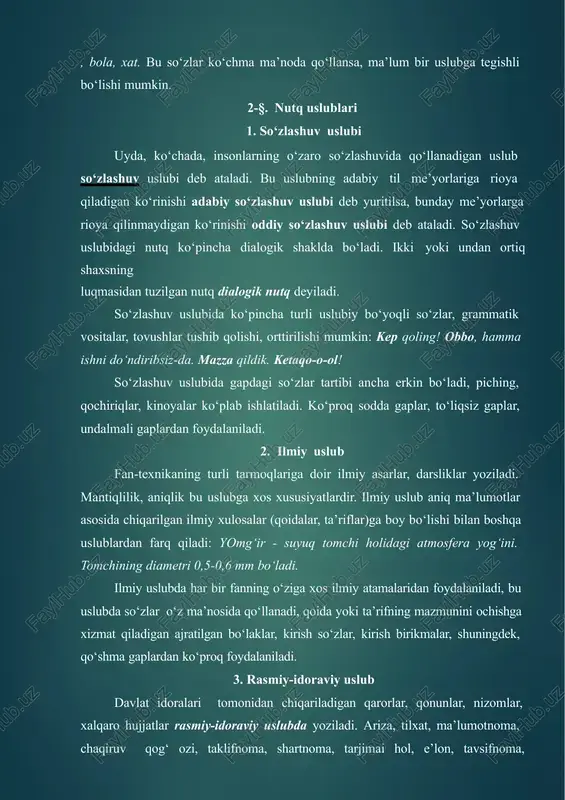 ar, shuningdek, qo‘shma gaplardan ko‘proq foydalaniladi. rasmiy-idoraviy uslub davlat idoralari tomonidan chiqariladigan qarorlar, qonunlar, nizomlar, xalqaro hujjatlar rasmiy-idoraviy uslubda yoziladi. ariza, tilxat, ma’lumotnoma, chaqiruv qog‘ ozi, taklifnoma, shartnoma, tarjimai hol, e’lon, tavsifnoma, dalolatnoma, hisobot kabilar ham shu uslubda yoziladi. bunday uslubdagi hujjatlar qisqa, aniq, barcha uchun tushunarli qilib tuziladi. bu uslubning asosiy belgisi: jumlalarning bir qolipda, bir xil shaklda bo‘lishi. bu uslubda ham so‘zlar o‘z ma’nosida qo‘llanadi, ko‘pchilikka ma’lum bo‘lgan ayrim qisqartma so‘zlar ishlatiladi, har bir sohaning o‘ziga xos atamalaridan foydalaniladi, qaror qilindi, inobatga olinsin, ijro uchun qabul qilinsin, tasdiqlanadi, yuklatilsin, tayinlansin kabi so‘z va so‘z birikmalari ko‘plab uchraydi. rasmiy-idoraviy uslubda ko‘pincha darak gaplardan, qaror, buyruq, ko‘rsatma kabilarda esa buyruq gaplardan ham foydalaniladi. bu uslubda gap bo‘laklarining odatdagi tartibda bo‘lishiga rioya qilinadi: o‘z lavozimini suiiste’mol qilganligi uchun m.ahmedovga hayfsan e’lon qilinsin. ommabop (publitsistik) uslub tashviqot-targ‘ibot ishlarni olib borishda qo‘llanadigan uslub, ya’ni matbuot uslubi ommabop uslub hisoblanadi. soddalik, tushunarli bo‘lish, ta’sirchanlik, …