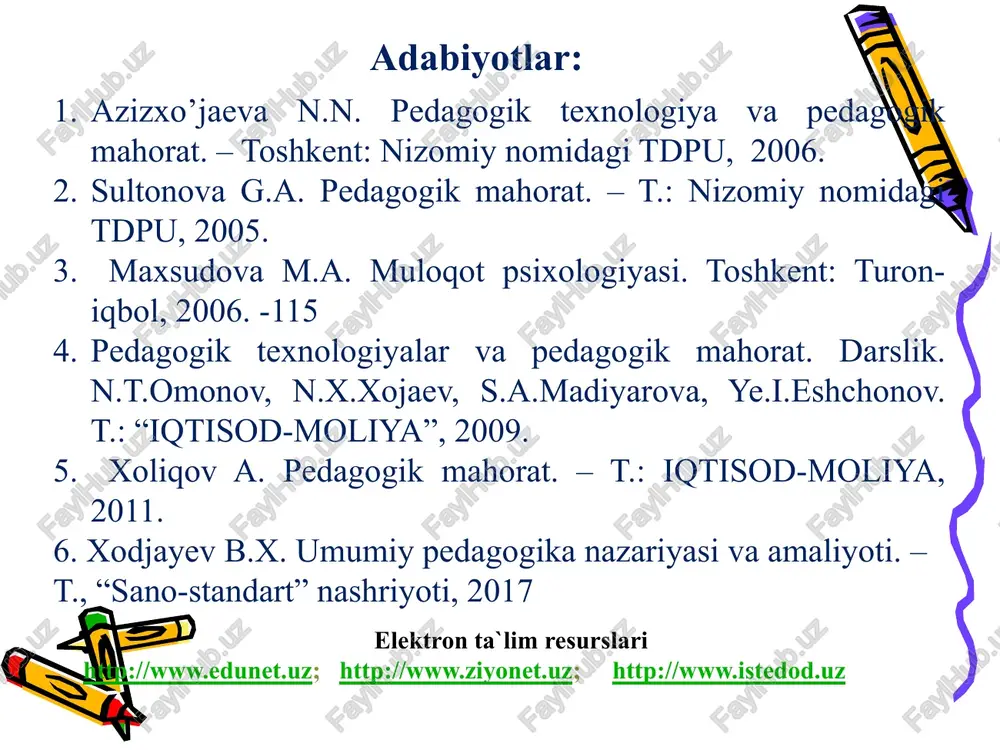 jihatdan to‘g‘ri tuzil­gan bo‘lishi, adabiy talaffuz qoidalariga bo‘ysunishi, boshlanishidan oxirigacha izchil bayon qilinishi lozim. ana shunday nutq asosida o‘rga­nilayotgan bilim o‘quvchi xotirasida uzoq vaqt saqlanib qoladi. shun­day nutq madaniy nutq talablariga javob beradi. buning uchun o‘qi­tuv­chilardan tinimsiz izlanish va o‘z ustida ishlash, filologik bilim va muttasil nutqiy mashq qilish talab qilinadi. pedagogik texnikaning tarkibiy qismlaridan biri o‘qituvchining nutq malakalarini, ya’ni savodli gapirish, o‘z nutqini chiroyli va tushunarli, ta’sirchan qilib bayon etish, o‘z fikr va his-tuyg`ularini so‘zda aniq ifodalash malakalarini egallashdan iborat. o‘qituvchining nutq madaniyatiga ega bo‘lishi, to‘g`ri nafas olishni ishlab chiqishi eng katta – eng asosiy qiymatdir. og`zaki nutq mahoratini yuksaltirish, nafaqat hikoya va tushuntirish, balki urg`u berilgan so‘z ham pedagogik ta’sir usullaridan yaxshiroq foydalanishga imkon yaratadi. nutq texnikasi: nafas olish, tovush, diksiya, ritmika asosiy shakllar monolog – o’qituvchining o’ziga yoki o’quvchilarga qaratilgan nutqi (ichki va tashqi monolog) dialog – o’qituvchi va o’quvchi o’rtasida tashkil etiladigan suhbat polilog – o’qituvchi …