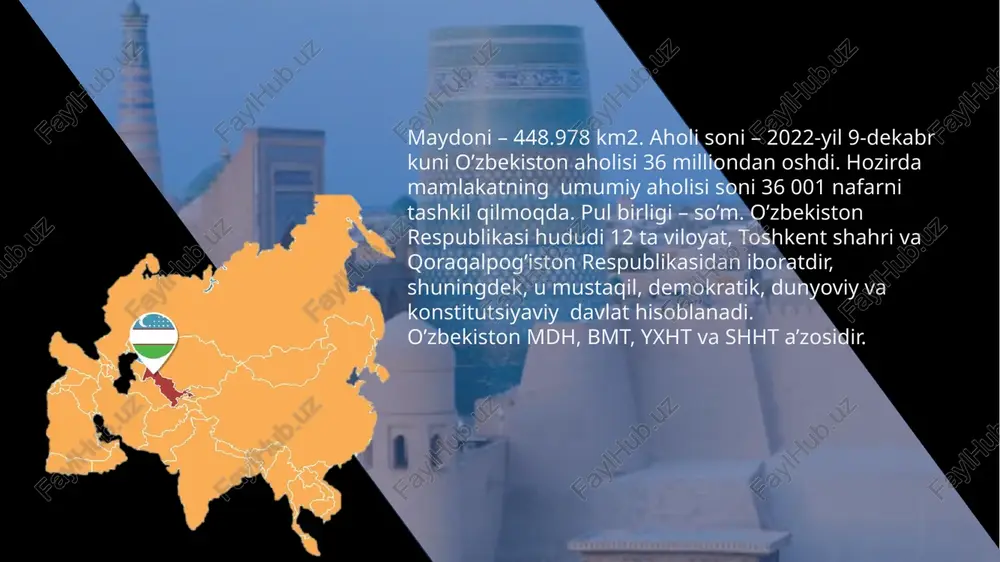 ining 3% ga yaqinini o’rmonlar tashkil qiladi va yogʻoch import qilinadi. elektr energiyasining katta qismi issiqlik elektr stansiyalaridan asosan koʻmirda, taxminan 15% gidroelektrostansiyalardan olinadi. o‘zbekiston beshta davlat bilan chegaradosh. uning eng uzun chegarasi qozog‘iston bilan, eng qisqasi afg‘oniston bilan bo‘lgan chegara hisoblanadi. o‘zbekiston va qozog‘iston o‘rtasidagi chegara dunyodagi eng uzun chegaralar reytingida 17-o‘rinda joylashgan. qirg‘iziston, tojikiston va turkmaniston bilan chegaralari ham ro‘yxatning elliktaligiga kirgan. oʻzbekiston oltin qazib olish boʻyicha dunyoda sakkizinchi oʻrinda turadi. qizilqum choʻlidagi muruntov koni dunyodagi eng yirik ochiq oltin koni hisoblanadi. boshqa tabiiy resurslar — ko’mir, tabiiy gaz, neft, uran, rangli va nodir metallar mamlakat hududining 3% ga yaqinini o’rmonlar tashkil qiladi va yogʻoch import qilinadi. elektr energiyasining katta qismi issiqlik elektr stansiyalaridan asosan koʻmirda, taxminan 15% gidroelektrostansiyalardan olinadi. 1990-yil 20-iyunda o’zbekiston ssr mustaqillik deklaratsiyasi eʼlon qilindi. moskvadagi avgust davlat toʻntarishi barbod boʻlganidan keyin 1991-yil 31-avgustda oʻzbekiston respublikasining davlat mustaqilligi eʼlon qilindi. 1-sentyabr mustaqillik kuni deb belgilandi. …