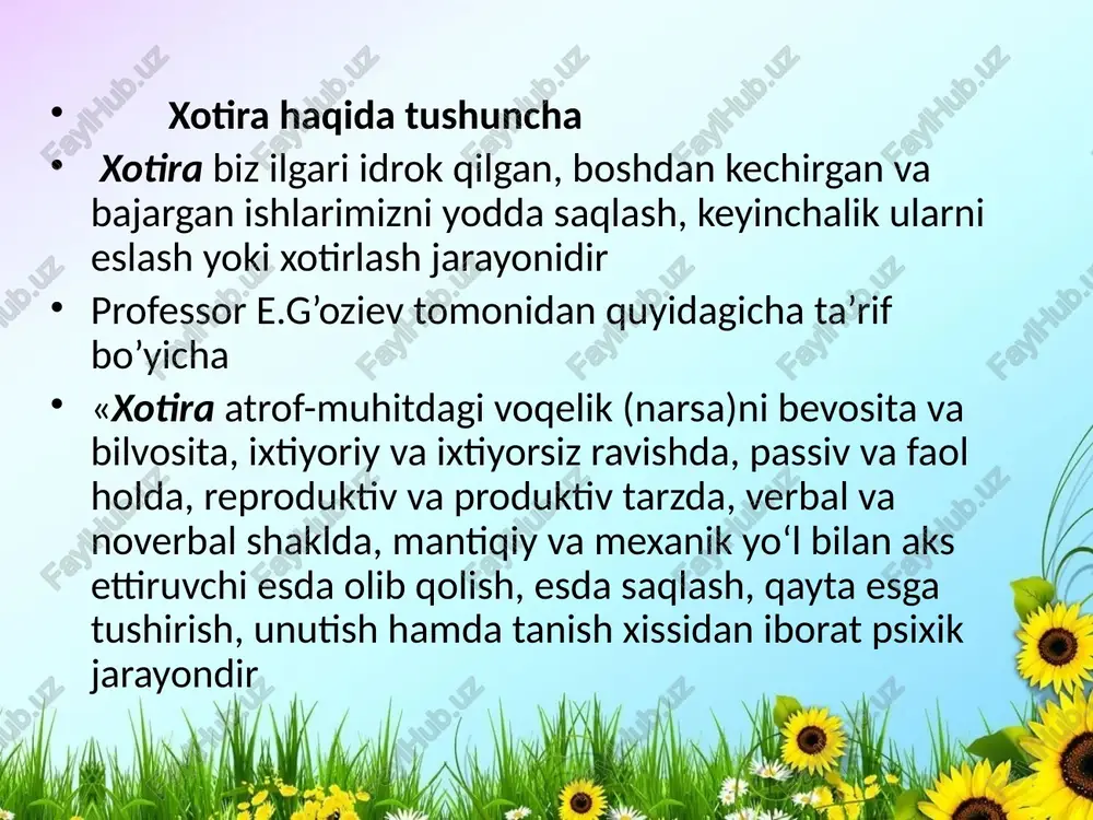 ldirish; b) ixtiyorsiz esda qoldirish. ixtiyorsiz esda qoldirish oldindan maqsad quyilmaydi, mavzu tanlanmaydi va iroda kuchi sarflanmaydi. o‘zining go‘zalligi, hissiy ta’sirchanligi hajmini, harakatchanligi, tezligi, shakli va boshqa xossalari bilan farq qiladigan narsa va hodisalar ixtiyorsiz esda qoladi. masalan, tasodifiy hodisalar, karnay-surnay ovozi ixtiyorsiz esda qoladi. ixtiyoriy esda qoldirishda esa oldindan maqsad qo‘yib mavzu belgilanadi. masalan, dars materiallarini esda olib qolish, imtihonga tayyorlanish ixtiyoriy esda qoldirishda quyidagi turli usullardan foydalaniladi: 1. maqsad qo‘yish, masalan, institutga kirish oldidagi maqsad; 2. o‘quv materiallarini tushunib esda qoldirish; 3. esda qoldirishning ratsional usullaridan foydalanishi, masalan, esga tushirish yo‘li bilan esda qoldirish esga tushirish va uning turlari. o‘tmishda idrok qilingan narsalarning his-tuyg‘u, fikr va ish-harakatlarning ongimizda qaytadan tiklanishi esga tushirish deyiladi. esga tushirishning nerv fiziologik asoslari bosh miya po‘stida ilgari hosil bo‘lgan nerv bog‘lanishlarning qo‘zg‘alishidir. esga tushurishning tanish,eslash,bevosita eslash, oradan ma’lum vaqt o‘tkazib eslash, ixtiyorsiz va ixtiyoriy turlari mavjud. esda saqlash deyilganda ilgari esda qolgan taassurot …