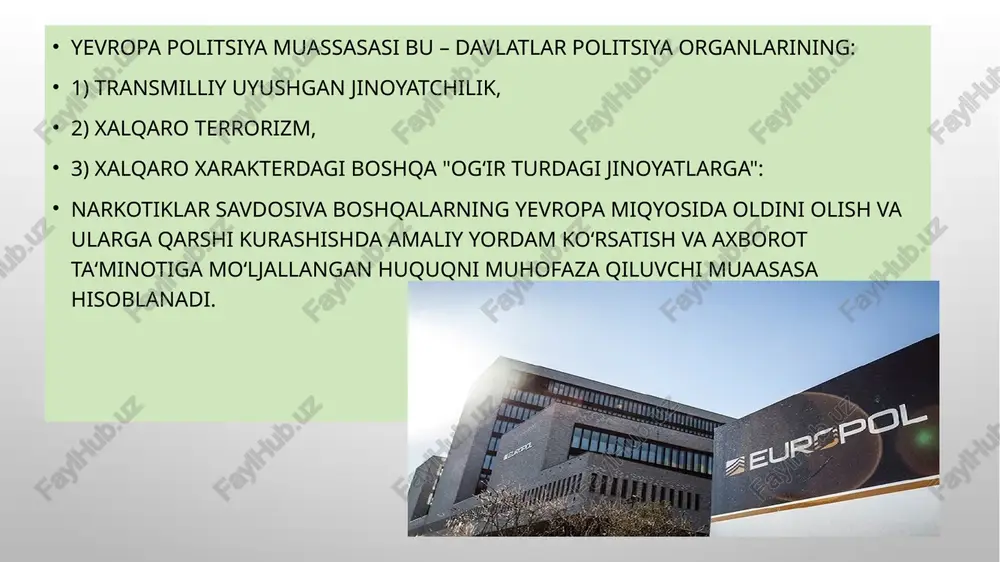 ardan birining jabrlanuvchisi bo‘lishi mumkin deb faraz qilish uchun yyetarli asoslar mavjud shaxslar; - bu turdagi jinoyatlarga aloqadar shaxslar; - bunday jinoyatlar to‘g‘risida ma‘lumot bera oladigan shaxslar. yevropol vakolati doirasi yevropol vakolati a’zo davlatlarning birgalikdagi harakatlariga zarurat tug‘diruvchi uyushgan jinoyatchilik, terrorizm va tegishli jinoyatlarning hajmi og‘irligi va huquqiy oqibatlaridan kelib chiqqan holda 2 yoki undan ortiq a’zo davlatlarga taalluqli jinoyatchilikning boshqa og‘ir turlarini qamrab oladi. yevropol vakolati shuningdek, bog‘langan jinoyatlarni ham qamrab oladi. quyidagilar o‘zaro bog‘langan jinoyatlar deb tan olinadi: - yevropol vakolati doirasida bo‘lgan qilmishlarni sodir etish vositalarini qo‘lga kiritish maqsadida sodir etilgan jinoyatlar; - yevropol vakolati doirasida bo‘lgan qilmishlarni sodir etishni osonlashtirish yoki oxirigacha yetkazish maqsadida sodir etilgan jinoyatlar; yevropol vakolati doirasida bo‘lgan qilmishlarnin jazolanmasligini ta‘minlash maqsadida sodir etilgan jinoyatlar; yevropol quyidagi asosiy vazifalarni bajaradi - axborot va ma‘lumotlarni to‘plash, saqlash, qayta ishlash, tahlil etish, axborot va ma‘lumotlar almashinuvi; - a’zo davlatlar vakolatli organlarini qayd etilgan jinoyatlarning aloqalari …