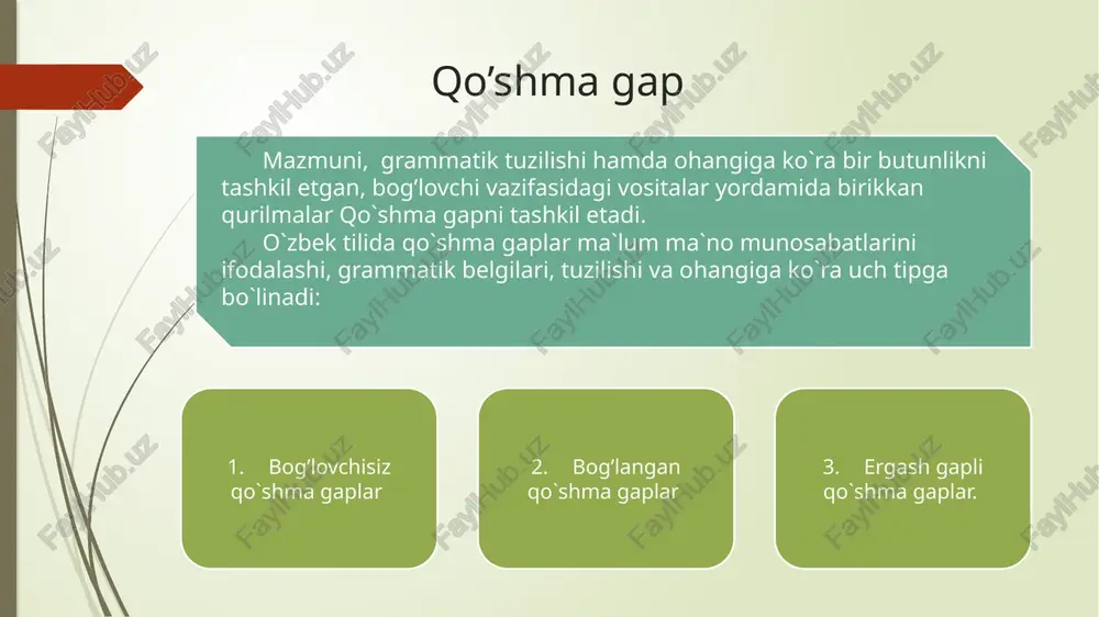 ‘shma gaplar. 4) nisbiy so‘zlar vositasida bog‘langan qo‘shma gaplar. 5) faqat ohang vositasida bog‘langan qo‘shma gaplar. www.arxiv.uz ergash va bosh gaplar haqida ma’lumot birdan ortiq sodda gaplarning mazmun jihatdan tobe-hokim munosabati asosai, ya’ni birining boshqasiga ergashishidan tuzilgan qo‘shma gap ergash gapli qo‘shma gap deyiladi: ildiz oziq bersa, novda ko‘karar. ergashgan gapda bosh gap va ergash gap bo‘ladi. mazmuni izohlanadigan gap bosh gap hisoblanadi. bosh gapga ergashib, uning mazmunini izohlab kelgan gap ergash gap deyiladi: hamma yig‘ilgach, majlis boshlandi. bu gapda hamma yig‘ilgachgapi ergash gap bo‘lib, majlis boshlandi degan gap bosh gap orqali ifodalangan voqea-hodisaning bajarilish paytini izohlab kelgan. www.arxiv.uz ergash gap bosh gapni butunicha yoki uning biror bo‘lagini izohlaydi: rais kirgach, hamma tinchlandi gapida ergash gap bosh gapni butunicha izohlayapti. siz shuni unutmangki, kurashchilar yolg‘iz emas gapida esa ergash gap bosh gap tarkibidagi olmosh bilan ifodalangan to‘ldiruvchini (shuni) izohlayapti. ergash gap bosh gapdan oldin, undan keyin yoki uning ichida kela …