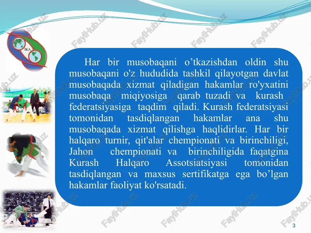 ada ishtirok etishga ruxsati bo‘lmagan yoki kurash qoidalarini buzgan kurashchilarni ham musobaqadan chetlatishi mumkin; qo'pollik qilgani yoki kurash qoidalarini buzganliklari uchun har qanday guruh vakillari va murabbiylarini ogohlantirishi yoki musobaqadan chetlatishi mumkin; f bosh hakam o'rinbosari 9 a) bosh hakam musobaqada vaqtincha bo'lmagan paytda uning ruxsati bilan bergan vakolatiga asosan uning vazifalarini bajaradi; b) olishuv natijasi va keyingi olishuvga tayyorlanib turuvchilarni e'lon qilib boradi; c) o'rtadagi hakamlarni, kotibni, vaqtni nazorat qiliuvchi hakamni, tablodagi hakarani nazorat qilib boradi va almashtiradi. obrazets teksta vtoroy uroven tretiy uroven chetvertiy uroven pyatiy uroven 9 bosh kotib va kotiblar 10 1. bosh kotib musobaqa qatnashchilari mandat komissiyasidan o’tayotgan vaqtda kurashchilarning xujjatlarini tekshirib boradi. 2. bosh kotib, hakamlar hay'atining majlisini, musobaqa va olishuv bayonnomalarini, kurashish tartibini va boshqa hujjatlarn i yozib boradi. 3. kotiblar o'z gilamidagi bayonnomalarini yozib boradilar. 4. kotiblar olishuv baholarini ogohlantirishlarini nazorat qog'oziga yozib boradilar. 5. bosh kotib bosh hakam bilan birga musobaqaning …