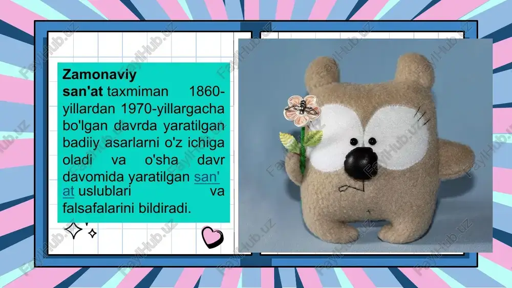 ashqari, yogʻoch, loy, plastmassa va boshqalardan qoʻllar va boshlarni yasash texnologiyasi boʻlishi mumkin. o'yinchoqlarni berilgan katakchalar yordamida 2,3,4 va bir necha marta kattalashtirib andozani unga ko'ra tayyorlash mumkin. tikish usullarini ignani ichkaridan olib, e‟tibor berib tikiladi. har bir o'yinchoqning qismlari bir-birga tikilgach, ichki qismlarini tashqariga ag'darishini unutmang. uning ichiga esa gazlama bo'laklari, qiyqimlar, paxta tikilishi mumkin. ayrim o'yinchoqlarning old va orqa oyoqlari mahkam turishi uchun simdan foydalaniladi. ko'z, shoxchalarni yog'ochdan ham tayyorlash mumkin. ba'zan ko'z sifatida chiroyli tugmachalardan ham foydalanish tavsiya etiladi. bu detallar kartondan yasaladigan bo'lsa, guash, akvarelda bo'yalib, ustidan lak qoplanadi. yumshoq o’yinchoq tayyorlash jarayoni quyidagi qismlardan iborat: mato tanlash, g’ijim bo’lak mato dazmollanishi oson, matoga andozani chizish, qismlarni bichish, tikish, ichini to’ldirish ustini jihozlash. fetradan o’yinchoqlar tikish https://pin.it/5gjrepysl https://pin.it/7eu73veuw e’tiboringiz uchun rahmat! credits: this presentation template was created by slidesgo, including icons by flaticon and infographics & images by freepik image1.png image2.png image3.png image4.png image5.jpg image6.png image7.jpeg …