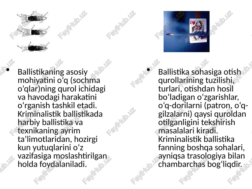 portlovchi moddalar. o‘q va portlash izlari bo‘lgan predmetlar. snaryadlar, portlatish qurilmalarini yasash uchun yoki patrun tayyorlash uchun ishlatiladigan vosita va uskunalar. qurol o‘q, sochma, kartej portlatish qurilmalari qurol, o‘q dori, portlatish qurilmasi, portlovchi moddalar saqlash izlari (g‘ilof, sumka, yog‘och yoki metal idishlar, har xil komflajlar va boshqalar). o‘q-otar qurollar, patronlar, portlatish qurilmalari va boshqalarni tayyorlashda ishlatiladigan material va asboblar. o‘q-otar qurolning asosiy qism va detallari quyidagilardir: stvol, dasta, zatvor, magazin, stvolni yopish va patron berish mexanizmi, zarbali tushurish mexnizmi, otilgan gilzani chiqarish va qaytadan o‘qlash mexanizmi, nishon va signal qurilmasi va boshqalar. qo‘l o‘q-otar quroli har xil asoslarga ko‘ra sinflarga bo‘linadi. asosiy qismlar qurilmalariga ko‘ra (qurolning turiga ko‘ra) pistoletlar, rivolverlar, vintovkalar, karabinlar, ov miltiqlari va boshqalar. vazifasi jangovor, ov, sport. ular bilan birga maxsus qurollarning kichkina guruhlari bor, unga (avtoruchka, zontik, hassa va boshqa xo‘jalik predmetlari ko‘rinishidagi) moskirovka qilingan pistolet va rivolverlar kiradi. tayyorlash usuli; -zavodda chiqarilgan - qayta ishlangan, …