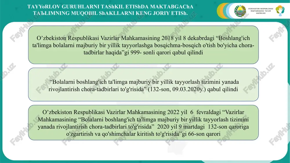 (4 soat) 2 smena 1 qabul qilish, ko'rikdan o'tkazish 13:00-13:40 2 bolalar bilan uchrashuv 13:40-14:00 3 o'yinli-tarbiyaviy faoliyat 14:00-15:30 4 o'yin, mustaqil mashqlar, loyihaviy faoliyat 15:30-16:00 5 ikkinchi tushlik ovqat (rejada bo'lsa) 16:00:16:15 6 sayrga tayyorgarlik. sayr, bolalarning uylariga ketishi 16:15-17:00 o'quv-tarbiya faoliyati o'quv-tarbiya faoliyati “o'zbekiston respublikasida ilk va maktabgacha yoshdagi bolalarning rivojlanishiga qo'yiladigan davlat talablari” asosida amalga oshiriladi. maktabgacha ta'lim tashkilotlari o'quv va tarbiyaviy faoliyatni o'quv yillari bo'yicha tashkil etadiladi . o'quv yili har yilning 2 sentyabridan boshlanadi va 31 maygacha davom etadi. to'liq va noto'liq tayyorlov guruhlari o'quv-tarbiyaviy jarayonni haftasiga 15 soatdan kam bo'lmagan hajmda tashkil etiladi. 6-7 yoshli bolalarni maktabga majburiy bir yillik tayyorlash bo'yicha guruhlar davlat maktabgacha ta'lim tashkilotlari bazasida, maktablarda, mahalliy xududlar (mahallalar)da, maktabgacha ta'lim sohasida nodavlat ta'lim xizmatlarini ko'rsatuvchi yuridik shaxslar bazasida, shu jumladan, oilaviy maktabgacha ta'lim tashkilotlarida tashkil etilishi mumkin. mazkur guruhlardagi bolalarning ro'yxati maktabgacha ta'lim tashkiloti joylashgan hududga biriktirilgan maktabgacha ta'lim tashkilotlarining …