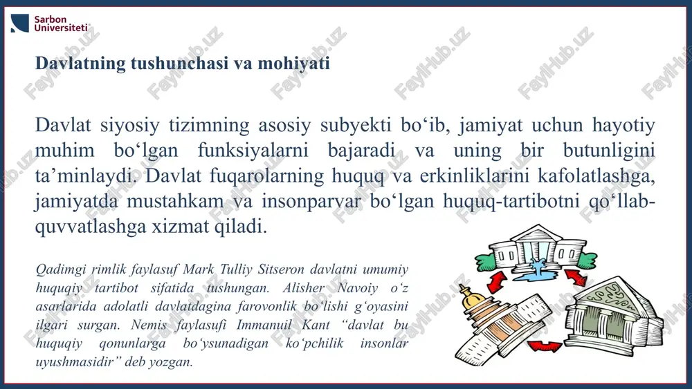 ida tarixiy materializm va sinfiy kurash g‘oyalari yotadi (k. marks, f. engels). konvergensiya nazariyasi. ushbu nazariya davlatning istiqboldagi rivojini bashorat qiluvchi nazariyalardan biri sifatida xx asrning 50—60-yillarida yuzaga kelgan. ma’lumki, xx asrning o‘rtalarida jahon miqyosida ikki tizim (kapitalistik va sotsialistik lager) shakllangan. mazkur nazariya vakillarining fikricha, har ikkala tipdagi davlatlarning mohiyatida ham ijobiy va salbiy jihatlar mavjud. davlatning asosiy va qoʻshimcha belgilari. davlatning belgilari uning ichki mazmuni va mohiyatini o‘zida ifoda etadi. manbalarda davlatning asosan quyidagi belgilari ko‘rsatiladi: aholining hududiy asosga ko‘ra birlashganligi. hozirgi zamon yuridik fanida davlat hududi deganda, muayyan davlatning suvereniteti tatbiq etiladigan aniq chegaralangan hudud nazarda tutiladi. davlat hududi o‘z ichiga quruqlik, suv, yer osti va havo makonlarini qamrab oladi. shu hududda yashaydigan aholi davlatning fuqarosi hisoblanadi. maxsus boshqaruv apparatining mavjudligi. davlat o‘z oldiga qo‘ygan vazifa va funksiyalarini amalga oshirish hamda jamiyat ustidan boshqaruvni tashkil etish uchun murakkab mexanizm (apparat)ga ega bo‘ladi. maxsus tarzda tashkil etilgan ushbu …