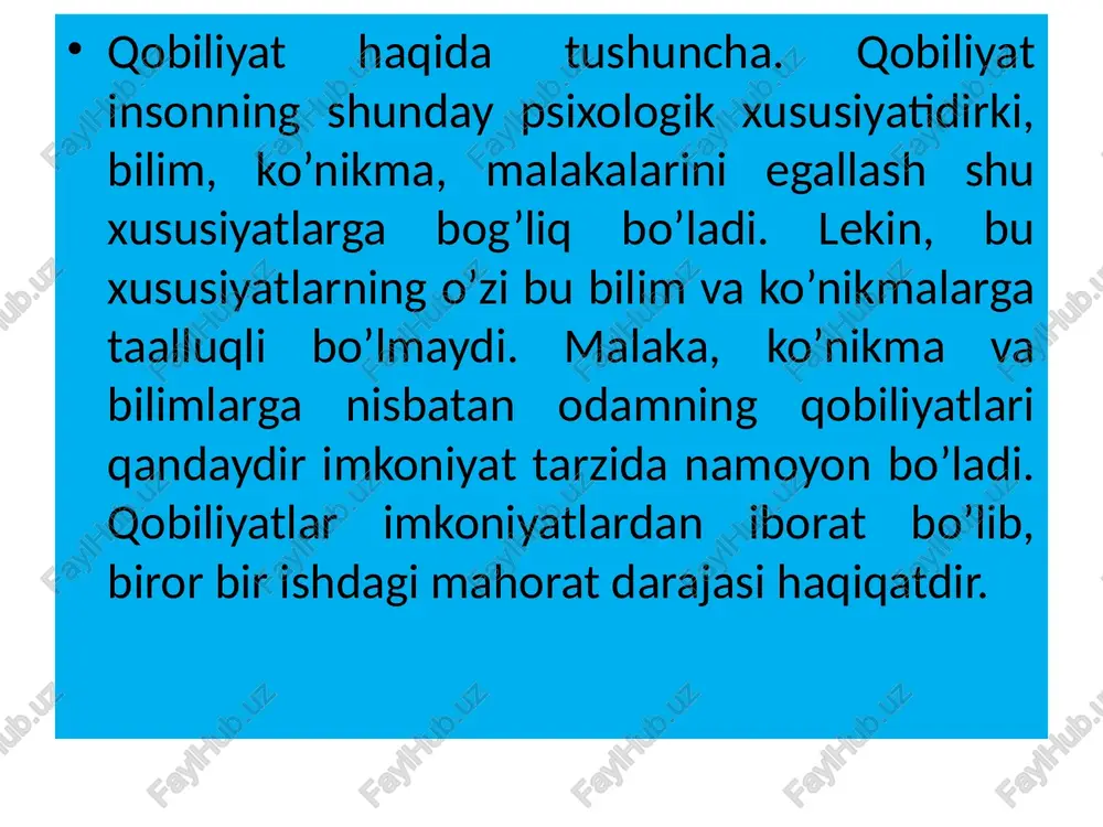 gan bo’lsa, shaxs mehnatning muayyan turiga nisbatan ham qobiliyatli deb bolanadi. har bir qobiliyatning o’ziga xos tuzilishi mavjud. qobiliyat tarkibida tayanch va yetakchi xususiyatlarni, muayyan asosiy yoki yordamchi xususiyatlarni farq qilish lozim. barcha qobiliyatlar uchun asosiy tayanch xususiyat kuzatuvchanlik, bilish ko’nikmasidir. bu individual narsaning o’ziga xos tomoni, ijodiy faoliyat uchun boshlang’ich materialni ko’ra bilish demakdir. qobiliyatning yetakchi xususiyati ijodiy tasavvur qilishlik hisoblanadi. quyidagilarni yordamchi xususiyat deb hisoblash mumkin: xotira (u faoliyat talablariga muvofiq ravishda o’ziga xos tuzilishda bo’ladi), emosionallik, ya'ni his tuyg’uga beriluvchanlik (bu xususiyat shaxsning faoliyatini oshiradi) va shunga o’xshashlar. amaliy faoliyatning ba'zi ko’rinishlarida shaxsning irodasi oldingi o’ringa chiqadi. qobiliyat tuzilishidagi turli xususiyatlarning tarkibi faoliyatning turli davrlarida yoki ijodiyotning bosqichlarida turlicha bo’lishi mumkin. demak, tuzilish ham barqaror, ham o’zgaruvchandir. qobiliyatlarning miqdor va sifat tavsifi psixologiyada qobiliyatlar individual psixologik xususiyatlar sifatida tavsiflanadi va buning asosida tafovutlanadigan xislatlar fazilatlar yotadi. shuning uchun har bir shaxsda bir xil natija bir xil sifat …