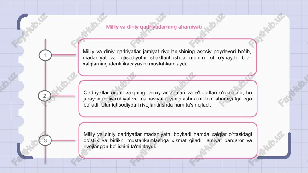 rini ochadi. shu bilan birga, qadriyatlarning o'zgarishi madaniyat va iqtisodiy sohalarda yangi imkoniyatlarni yaratadi, xalqlar o'rtasida barqarorlik va hamkorlikni oshiradi. etnomadaniyat va milliy identitet milliy va diniy qadriyatlar jamiyatning madaniyatini shakllantiradi, ular orqali xalqning tarixiy va madaniyat merosi saqlanadi, rivojlanadi va avloddan-avlodga o'tadi. etnomadaniyat milliy identitet va xalqlar eknomadaniyati asosiy manbalar bo'lib, ular madaniyatning o'ziga xosligini saqlab qolish va rivojlantirishda muhim rol o'ynaydi. milliy qadriyatlar va diniy e'tiqodlar madaniyat shakllanishida muhim asos bo'lib, ular xalq ruhiyatini, ijtimoiy va iqtisodiy rivojlanishini belgilaydi va mustahkamlaydi. qadriyatlar va innovatsiyalar integratsiyasi milliy va diniy qadriyatlar iqtisodiy va madaniyat rivojlanishida muhim o‘rin tutadi, ular xalqlarning an'analari va o‘ziga xosligini saqlaydi. qadriyatlar yangi innovatsiyalar bilan uyg‘unlashib, barqaror iqtisodiy o‘sishga turtki bo‘ladi. bu jarayon milliyligini rivojlantiradi va modernizatsiya bilan qadriyatlarni uzviy bog‘laydi. qadriyatlar va innovatsiyalar integratsiyasi iqtisodiyotni diversifikatsiya qilishda muhim rol o‘ynaydi, ular yangi texnologiyalar va an'anaviy qadriyatlarni uyg‘unlashtirish imkonini yaratadi. yangi yondashuvlar madaniyat va iqtisodiyotni birlashtiradi, …