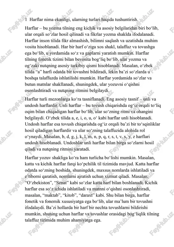 salan, “maktab”, “kitob”, “daraxt” kabi. shu bilan birga, harflar fonetik va fonemik xususiyatga ega bo‘lib, ular ma’lum bir tovushni ifodalaydi. ba’zi hollarda bir harf bir nechta tovushlarni bildirishi mumkin, shuning uchun harflar va tovushlar orasidagi bog‘liqlik tilning talaffuz tizimida muhim ahamiyatga ega. harflar tilga xos bo‘lib, ularning mavjudligi va shakli har bir tilning fonetik va morfologik tuzilishini aks ettiradi. masalan, o‘zbek tilida o‘, g‘, sh, ch, ng kabi harflar mavjud bo‘lsa, boshqa tillarda ular ishlatilmaydi. shu bois harflar tilning o‘ziga xosligini va talaffuz qoidalarini belgilashda muhim rol o‘ynaydi. harflar nafaqat talaffuz, balki yozuv madaniyatini rivojlantirishda ham muhim vosita hisoblanadi. ular yordamida inson bilimini yozma shaklda saqlash, o‘qish va o‘rgatish mumkin bo‘ladi. shu tarzda harflar yozma tilning ajralmas elementi bo‘lib, ular yordamida so‘zlar, gaplar va butun matnlar yaratiladi. harflar unli va undosh, katta va kichik, fonetik va tilga xos xususiyatlariga ko‘ra turlicha bo‘lib, yozuv va nutq madaniyatini rivojlantirishda muhim ahamiyatga ega. …