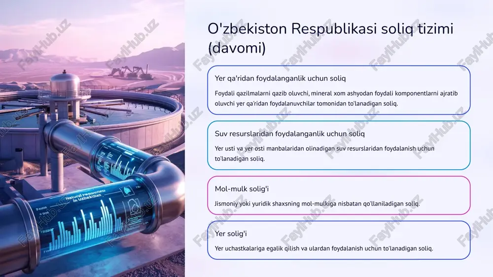 lgan. 9 bevosita (to'g'ri) soliqlar foyda solig'i korxonalar, birlashmalar va tashkilotlar foydasidan undiriladigan soliq jismoniy shaxslardan olinadigan daromad solig'i jismoniy shaxslar daromadidan undiriladigan soliq ijtimoiy soliq ijtimoiy sohani moliyalashtirish uchun undiriladigan soliq mol-mulk solig'i mol-mulkka egalik qilish uchun to'lanadigan soliq bevosita soliqlar soliq to'lovchilar tomonidan vositachilarsiz to'g'ridan-to'g'ri davlat byudjetiga yo'naltiriladi. bu turdagi soliqlar to'lovchining daromadi yoki mol-mulkiga bevosita bog'liq bo'ladi. 10 bilvosita (egri) soliqlar qo'shilgan qiymat solig'i (qqs) har bir ishlab chiqarish bosqichida va realizatsiya jarayonida undiriladigan ko'p qirrali soliq. qqs 1992 yilda o'zbekistonda joriy qilingan bo'lib, hozirgi kunda asosiy stavkasi 15% ni tashkil etadi. aksiz solig'i ayrim tovarlar va mahsulotlarga nisbatan qo'llaniladigan, individual xarakterga ega bo'lgan soliq. aksiz solig'i o'rta asrlarda angliyada paydo bo'lgan bo'lib, "kesmoq" ma'nosini anglatadi. bilvosita soliqlar soliq to'lovchilar tomonidan to'langan soliqlar vositachilar tomonidan ushlab qolinadi va so'ngra davlat byudjetiga yo'naltiriladi. bu turdagi soliqlar tovar va xizmatlar narxiga qo'shiladi. 11 resurs to'lovlari va soliqlari asosiy tur …