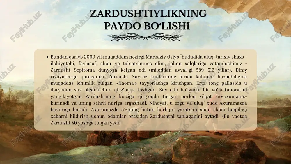 r; maxsus “jasad minoralari” (dakhma)da tabiiy ravishda chirishiga ruxsat berishadi. zardushtiylikning diniyzardushtiylikning diniy marosimlarimarosimlari zardushtiylik marosimlari insonning ruhiy poklanishi, tabiat bilan uyg‘un hayot kechirishga yovuzlikka qarshi kurash g‘oyalariga asoslanadi. ushbu dinning muhim marosimlari quyidagilardir 1.atashparaslik 2.navjod marosimi 3.yasna marosimi. 4.ruhlar kuni. 5.gahambar bayramlari . 1.atashparastlik (olovga sig‘inish)olov zardushtiylikda poklik va yaxshilik ramzi hisoblanadi.zardushtiylar olovnimuqaddas deb bilib, uni ahura mazdaning timsoli sifatida ko‘radilar. shu sababli:diniy marosimlar atashkada (olov ibodatxonasi) deb ataladigan joyda o‘tkaziladi.olov doimo yonib turishi kerak, uni o‘chirish gunoh hisoblanadi.mobad (din xodimi) olovga har kuni maxsus o‘tin yoki xushbo‘y o‘simliklarni tashlab,duolar o‘qiydi.ma’no-mazmuni: olovning abadiy yonishi — yaxshilik,va,adolatning,abadiyligini,an glatadi 2. navjot marosimi.navjot — bu zardushtiy bolalarining diniy hayotga rasmiy qabul qilinish marosimibo‘lib, 7 yoshdan 15 yoshgacha bo‘lgan oraliqda o‘tkaziladi.marosim tartibi:bola maxsus diniy kiyim — sudre (oq ko‘ylak) va kushti (ipdan yasalgan belbog‘)kiyadi.sudre — poklik va adolatni ifodalaydi.kushti — insonning ahura mazda oldidagi majburiyatlarini eslatadi.marosim davomida mobad avestodan maxsus duolar o‘qiydi.ahamiyati: bu …