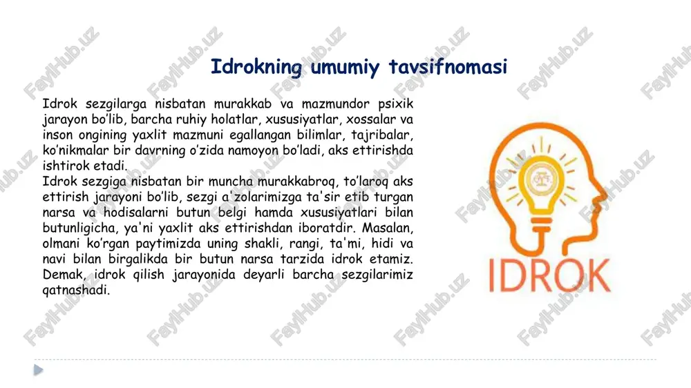 i kuzatuvchanlik deyiladi. kuzatuvchanlik shaxsning shunday xislatidirki, bunda u narsa va hodisalarning unga bilinmaydigan muhim xarakterli xususiyatlarini payqay oladi. akademik i.p.pavlov kuzatuvchanlikning ilmiy bilimdagi ahamiyatiga yuksak baho bergan. u sankt-peterburg yaqinidagi pavlova shaqridagi fiziologiya institutining oldi tomoniga "kuzatuvchanlik, kuzatuvchanlik va yana kuzatuvchanlik" deb yozdirib qo’ygan. idrokda appersepsiya, idrokning konstantligi. appersepsiya - idrok jarayonini shaxsning oldingi bilimlari, shaxsiy va ijtimoiy tajribalari, qiziqishlari, motivasiyasi, ehtiyojlari va odatlari, umuman ruhiy hayotining barcha mazmuni bilan belgilanishidir. appersepsiya hodisasi tufayli odamlar o’zaro idrokining mazmuni bilan bir-birlaridan muayyan darajada tafovutlanadilar, ya'ni ular aynan bir xil narsani o’zining bilimi, saviyasi, nuqtai nazari, dunyoqarashi va ijtimoiy kelib chiqishiga asoslangan holda turlicha idrok qiladilar hamda aks ettiradilar. masalan, daladagi gullab turgan paxtani oddiy bir talaba bilan tajribali agronom idrok qiladigan bo’lsa, albatta, ularning idroklari, ya'ni paxtani aks ettirishlari juda katta farq bo’ladi. talaba shunchaki, odatdagi oddiy bir paxta sifatida aks ettirsa, agronom paxtaning qanday navi, taraqqiyotning qaysi bosqichda ekanligi, …