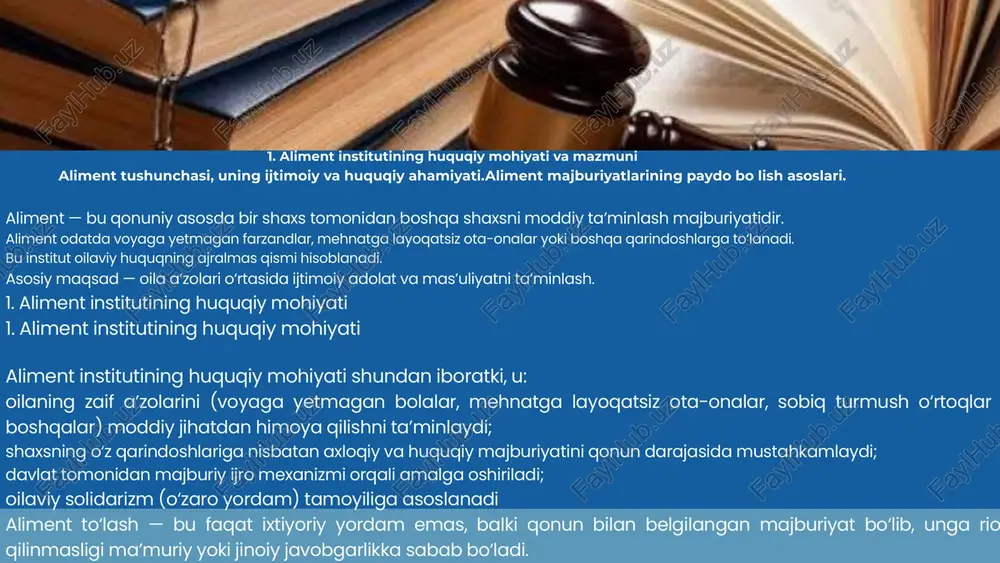 iv-huquqiy hujjatlarda ham oʻz aksini topgan: fuqarolik protsessual kodeksi – aliment undirish tartibini va ijro hujjatlarini rasmiylashtirish jarayonini belgilaydi. “sud hujjatlari va boshqa organlar hujjatlarini ijro etish toʻgʻrisida”gi qonun – aliment undirish ijrosini taʼminlovchi asosiy hujjat hisoblanadi. prezident farmonlari va adliya vazirligi buyruqlari – aliment undirish amaliyotini takomillashtirishga qaratilgan qoʻshimcha tartib va mexanizmlarni belgilaydi. lorem ipsum dolor sit amet, consectetur adipiscing elit. nullam laoreet risus fringilla, egestas elit a, consequat augue. phasellus sollicitudin felis mi, quis egestas ex ornare sed. xulosa qilib aytganda, oʻzbekistonda aliment undirishning huquqiy asoslari aniq va tizimli tarzda oila kodeksi hamda unga mos fuqarolik-protsessual va ijro qonunchiligida mustahkamlangan bo‘lib, bu bolalar va yordamga muhtoj shaxslarning huquq va manfaatlarini himoya qilishga xizmat qiladi. aliment toʻlashga majbur shaxslarning doirasi oila kodeksiga muvofiq, aliment toʻlashga majbur boʻladigan shaxslar quyidagilardan iborat: 1. ota-onalar — voyaga yetmagan bolalarini moddiy taʼminlashga majburdirlar. 2. voyaga yetgan farzandlar — mehnatga layoqatsiz ota-onalarini boqishlari shart. …