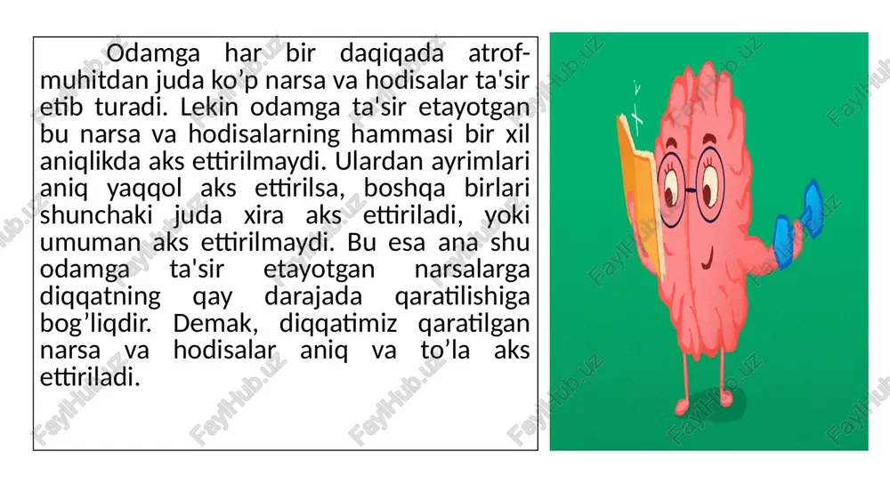 ki tekshirish deb ataladigan maxsus refleks yotadi. bunday refleksni akademik i.p.pavlov maxsus ibora bilan "bu nima gap refleksi" deb ham ataydi. ana shu refleks odatda organizmga to’satdan birorta yangi narsaning ta'siri yoki haddan tashqari kuchli ta'sirot orqali hosil bo’ladi. orientirovka yoki tekshirish refleksi diqqatning fiziologik asosi hisoblanadi, chunki bu refleks bosh miya yarim sharlarining po’stida kuchli qo’zg’alish jarayonidan iborat bo’ladi. boshqacha qilib aytganda har bir daqiqada organizmga turli narsalarning ta'siridan hosil bo’lgan qo’zg’alishlarga nisbatan orientirovka yoki tekshirish refleksi ayni chog’da nisbatan kuchli (ya'ni optimal) qo’zg’alish manbaini yuzaga keltiradi. diqqat turlari odam ayrim narsalarga o’z diqqatini ongli ravishda o’zi hohlab qaratsa, boshqa bir narsalar diqqatni beixtiyor ya'ni bizning hohishimizdan tashqari jalb qiladi. odam psixik faoliyatining muayyan ob'ektga yo’naltirilishi va to’planishida ifodalanadigan diqqat quyidagi turlarga bo’linadi  diqqatning aktivligiga qarab - ixtiyorsiz, ixtiyoriy va ixtiyoriydan so’nggi diqqat.  diqqatning ob'ektiga qarab - tashqi va ichki diqqat.  diqqatning faoliyat turlariga qarab - …