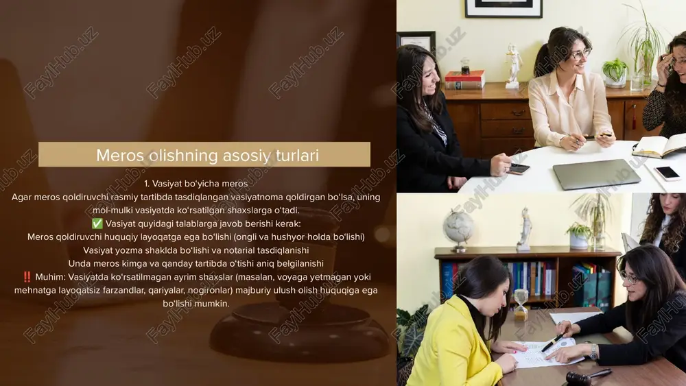 bo‘lsa. vasiyat majburan yoki bosim ostida yozilgan bo‘lsa. vasiyat qog‘ozi soxtalashtirilgan bo‘lsa. bunday hollarda sud jarayoni boshlanib, vasiyat haqiqiy yoki haqiqiy emasligi tekshiriladi. home about more aldenaire & partners contact about us service home page | 03 xulosa meros huquqi – shaxsiy mulkning vorislarga o‘tishini tartibga soluvchi muhim huquqiy institut hisoblanadi. agar meros vasiyat asosida taqsimlanmasa, u qonunda belgilangan tartibda eng yaqin qarindoshlarga o‘tadi. shu sababli, meros masalalarida huquqiy bilimga ega bo‘lish va o‘z vaqtida kerakli choralarni ko‘rish muhimdir. image1.jpeg image2.png image3.svg image4.jpeg image5.jpeg image6.jpeg image7.jpeg image8.jpeg image16.jpeg image9.jpeg image10.jpeg image11.jpeg image12.jpeg image13.jpeg image14.jpeg image15.jpeg image17.jpeg image18.jpeg image19.jpeg image20.jpeg image21.jpeg image22.png image23.svg image24.jpeg image25.png image26.svg image27.jpeg image36.svg image28.jpeg image29.png image30.svg image31.jpeg image32.jpeg image33.png image34.svg image35.png image37.png image38.svg image39.jpeg image40.jpeg /docprops/thumbnail.jpeg