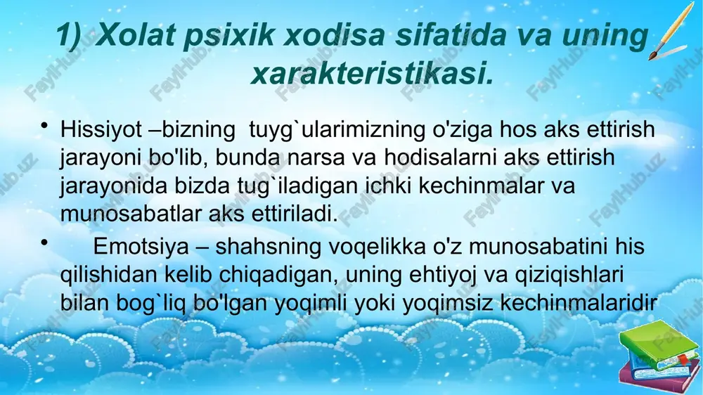 t sifatida. frustratsiya – tushkunlik, ma’lum maqsadga erishishda umidlarning parchalanishi bilan kechadigan inson muvaffaqiyatsizligining emotsional og’ir kechinmasi. frustratsiya ko’p hollarda frustratorga qarshi qaratilgan tajovuzkorlik hulq-atvor bilan bog’liq. frustratsiya sabablari bartaraf etilmaganida, psixikaning davomli izdan chiqishi bilan bog’liq bo’lgan chuqur depressiv holat yuzaga kelishi mumkin (xotira, mantiqiy tafakkurga bo’lgan layoqatlarning susayishi). frustratsiya holati inson biror chiqib ketish yo’llarini izlaydi, shirin xayol olamida beriladi, ba’zida esa tubanlashadi, ya’ni, psixik rivojlanishning dastlabki bosqichlariga qaytadi. yuksak hislar intellektual hissiyotlar praksik hislar estetik hislar ahloqiy hislar emotsional xossalar individning psixik ko’rinishini belgilaydilar, shaxs emotsional tipini tashkil etadilar. odamlar emotsional, o’ta ta’sirchan, ehtirosli va frigid mijozlilarga bo’linadilar. birinchisi oson qo’zg’aluvchan, emotsional ta’sirchan, impulsiv; ikkinchisi – o’z sezgilarini mushohada qilish, ulardan zavqlanishga moyil; uchinchisi – emotsional intiluvchan, o’ta faol, maqsadga erishishda sabotli; to’rtinchisi – aql bilan ish ko’radilar, qayg’urish hissi ularga yot. biror ob’ektga nisbatan ishlab chiqilgan sezgilar ma’lum darajada bir jinsli ob’ektlar sinfiga ko’chirib o’tkaziladi. shunday …