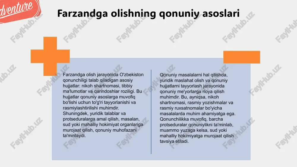 i. amaliy tajribalar va muammo hal qilish usullari esa jarayonni soddalashtiradi va samaradorligini oshiradi. barcha jihatlarni hisobga olib, muvaffaqiyatli farzandga olish mumkin. foydalanilgan adabiyotlar 1. o‘zbekiston respublikasi adliya vazirligi. farzandga olish tartibi va huquqlari. o‘zbekiston adliya vaqti, 2020. 2. tursunov, a. farzandga olish amaliyoti va etik masalalar. o‘zbekiston tibbiyot jurnali, 2021. 3. iskandarov, m. psixologik tayyorgarlik va farzandga olish jarayoni. o‘zbekiston psixologlar assotsiatsiyasi, 2019. 4. qodirov, s. farzandga olishda muammolar va ularni hal etish strategiyalari. o‘zbekiston yuridik akademiyasi, 2022. 5. yunusov, n. tibbiy va etik tayyorgarlikdagi zamonaviy yondashuvlar. o‘zbekiston sog‘liqni saqlash vazirligi, 2021. e'tiboringiz uchun rahmat! image1.jpg image2.png image3.png image4.png image25.png image7.jpg image8.png image12.jpg image13.png image14.png image27.jpg image15.jpg image16.png image17.png image28.jpg image22.png image23.png image24.png image26.png