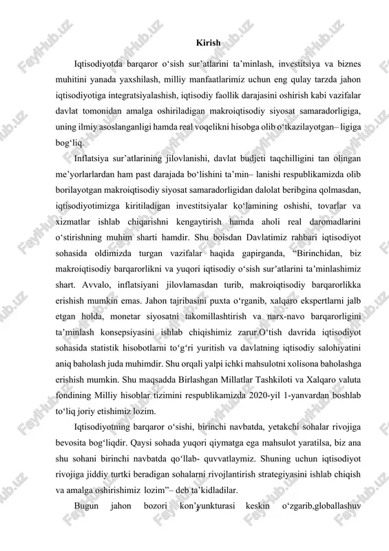 ardan hech biri uzoq muddatda bir tekis rivojlanmaganligi, aksincha, barcha malakatlar uchun davriy rivojlanish xos ekanligini ko‘rsatadi. ishlab chiqarish, bandlilik va inflatsiya darajasining davriy tebranishga iqtisodiy davr (sikl)lar deyiladi. ayrim iqtisodiy davrlar boshqalaridan o‘tish davrining davomiyligi va faolligi bilan farq qiladi. shunga qaramasdan ularning barchasi bir xil bosqichlardan tashkiltopadi (1.1-rasm). 1.1-rasm. iqtisodiyotning davriy rivojlanishi iqtisodiy davrlar to‘rtta bosqichni o‘z ichiga oladi. birinchi bosqich iqtisodiy rivojlanishning eng yuqori darajasiga erishilgan bosqich bo‘lib, u «cho‘qqi» deb yuritiladi. bu iqtisodiyotda ish bilan to‘liq bandlik, ishlab chiqarish to‘la quvvatda ishlayotganligi, shuningdek, mahsulotlarning baho darajasining o‘sish holati kuzatiladi. keyingi bosqich pasayish (retsessiya) bosqichidir. bunda ishlab chiqarish va bandlik darajalari kamayadi, ammo bahoning o‘sish darajasi pasaymaydi. bu bosqich faol va uzoq davom etsagina bahoning o‘sish darajasi sustlashishi mumkin. pasayishning quyi nuqtasida ishlab chiqarish va bandlik eng quyi darajaga tushadi va turg‘unlik davri boshlanadi. ko‘tarilish bosqichida ishlab chiqarish va bandlik darajasi asta- sekin oshib, ishlab chiqarish quvvatlaridan …