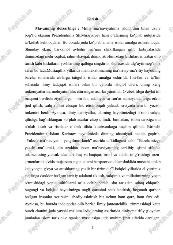 n bir qator darsliklar yaratildi. munavvarqori abdurashidxonovning “havoiju-diniya” abdulla avloniyning “muxtasari tarixi anbiyo va tarixi islom”, abdurauf fitratning “muxtasar tarixi islom” kabi darsliklari shular jumlasidandir. tadqiqot mavzusining o‘rganilganlik darajasi: hozirgi kunda“usuli jadid” maktablarida diniy fanlarning o‘qitilishi, ularning o‘ziga xos xususiyatlari maxsus tadqiqot ob’ekti bo‘lgan emas. xx asrning 80-yillari o‘rtalaridan boshlangan demokratik oshkoralik va qayta qurish jadidchilik harakati haqida cheklangan holda bo‘lsa ham ayrim haqiqatlarni aytish 1997.imkonini berdi. shu nuqtai nazardan, 1987 yilda o‘zbekiston fa alisher navoiy nomidagi til va adabiyot institutida, 1989 yilda o‘zfa va yozuvchilar uyushmasi hamkorlikda turkistonda jadidchilik harakatiga bag‘ishlangan sobiq ittifoq miqyosida ilmiy anjumanlar o‘tkazildi. ushbu yig‘ilishlarda jadidchilik harakatini kompleks hamda ijtimoiy-gumanitar fanlar bo‘yicha o‘rganish kerakligi ta’kidlandi.vatanimiz mustaqillikka erishgandan keyingina ma’naviy-ma’rifiy hayotimizda jadidlarning o‘rnini, xususan islom tarixini o‘rganishda ularning qarashlarini xolisona yoritib berish imkoniyatiga ega bo‘ldik. jadidlarning ma’rifiy faoliyati, uning tub mohiyati, ularning asarlaridagi diniy g‘oyalar, xususan islom tarixi haqida keng ko‘lamda ilmiy tadqiqot ishlari olib borilmoqda.turkistondagi …