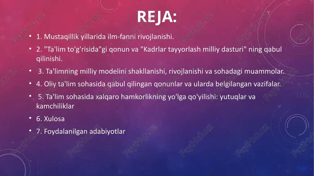 ta'lim oliy o'quv yurtidan keyingi ta’lim kadrlar malakasini oshirish va ularni qayta tayyorlash maktabdan tashqari ta’lim 7. kadrlar tayyorlash tizimida fan 8. kadrlar tayyorlash tizimida ishlab chiqarish kadrlar tayyorlashning milliy modeli • kadrlar tayyorlash tizimining bosh sub'ekti va ob'ekti, ta'lim sohasidagi hizmatlarning iste'molchisi va ularni amalga oshiruvchi davlat va jamiyat • ta'lim va kadrlar tayyorlash tizimining faoliyatini tartibga solish va nazorat qilishni amalga oshiruvchi kadrlar tayyorlash va ularni qabul qilib olishni kafillari uzluksiz ta’lim • malakali raqobatbardosh kadrlar tayyorlashning asosi bo'lib, ta'limning barcha turlarini, davlat va ta'lim standartlarini kadrlar tayyorlash tizimi tuzilmasi va uning faoliyat ko'rsatish muhitini o'z ichiga oladi fan • yuqori malakali mutaxassislar tayyorlovchi va ulardan foydalanuvchi ilg'or pedagogik axborot texnologiyalarini ishlab chiquvchi ishlab chiqarish • kadrlarga bo'lgan ehtiyojni, shuningdek ularni tayyorgarlik sifati va saviyasiga nisbatan qo'yiladigan talablarni belgilovchi asosiy buyurtmachi, kadrlar tayyorlash tizimini moliya va moddiy-texnika jihatidan ta'minlash jarayoninig qatnashchisi ta'lim yo'nalishida murojaatnomada belgilangan vazifalar quyidagicha bo'ldi: …