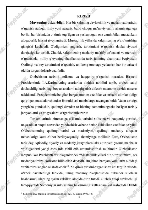 ardan qolgan yodgorliklar yoki “osor ul-boqiya” (1000), abu ali hasan ibn ali tusiy – nizomulmulkning (1018-1092) “siyosatnoma” yoki “siyar ulmuluk” (1091), asarlari o‘sha davrning siyosiy, ijtimoiy-iqtisodiy va madaniy tarixini o‘rganishda alhida o‘rin tutadi3 . shuningdek, abul-fazl bayhaqiyning “tarixi ma'sudiy” (1030-1041), abu jafar muhammad at-tabariyning “tarixi tabariy”, abu nasr forobiyning “fozil odamlar shahri”, abulqosim firdavsiyning “shohnoma”, mahmud qashg‘ariyning “devonu lug‘at at-turk” kabi asarlarida ham o‘sha davrning tarixi bayon qilinadi. somoniylar davlati tarixiga oid batafsil ma'lumotlar tarixchi olimlar n.n.negmatov, g.a.hidoyatovning asarlarida batafsil yoritilgan. shuningdek, n.ya.bichurin (otets iakinf), v.v.bartold, a.yu.yakubovskiy, s.a.ahadjanov, b.axmedov, k.shoniyozov kabi olimlarning asarlarida ham somoniylar davriga oid ma'lumotlar berilgan. manba va adabiyotlar bilan bir qatorda mustaqillik yillarida mavzuga oid to‘plamlar nashr qilindi hamda gazeta va jurnallarda bir qator maqolalar chop etildi. mavzuning maqsad va vazifalari. tarixiy manba va ilmiy adabiyotlarda aks ettirilgan somoniylar davlatining paydo bo‘lishi va rivojlanishiga bag‘ishlangan masalalarni chuqur o‘rganish va qiyosiy tahlil asosida, somoniylar davlatining taraqqiyoti va …