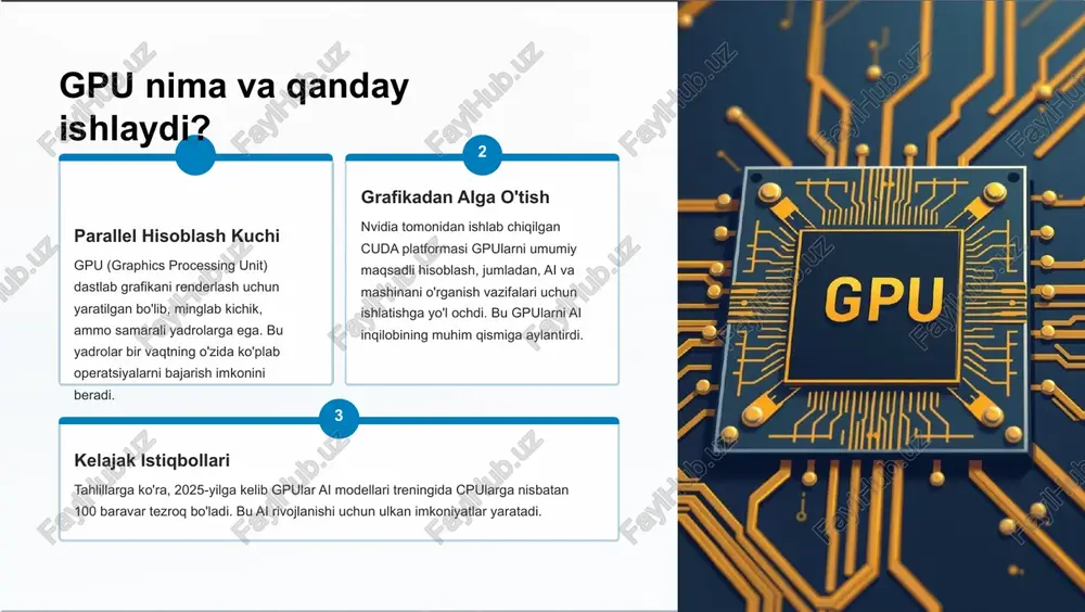 gpu va tpu texnologiyalariga milliardlab dollar sarmoya kiritmoqdalar. chatgpt va openai chatgpt va boshqa yirik til modellari asosan nvidia a100 gpularida o'qitiladi va ishga tushiriladi. google palm va gemini google o'zining palm va gemini kabi ilg'or ai modellarini ulkan tpu podlari yordamida o'qitadi. tesla avtopiloti tesla o'zining avtonom haydash tizimlari uchun maxsus ai chiplari va gpulardan foydalanadi. xulosa: ai uchun to8g8ri hisoblash yechimini tanlash gpu: kichik va o8rta loyihalar uchun moslashuvchan va keng qo8llaniladigan yechim. tpu: katta hajmdagi trening va ishlab chiqarish uchun yuqori samaradorlik va tejamkorlikni ta'minlaydi. parallel computing: ai rivojlanishini yangi bosqichga olib chiqadigan muhim texnologik asos. kelajakda gpu va tpu integratsiyasi, yangi arxitekturalar va energiya samaradorligiga e'tibor kuchayadi, bu esa ai imkoniyatlarini yanada kengaytiradi. image102.png image103.png image105.png image106.png image113.png image114.png image121.png image122.png image124.png image125.png image126.png image130.png image131.png image132.png image136.png image137.png image138.png image150.png image151.png image158.png image231.png image234.png image236.png image246.png image248.png image260.png image261.png image273.png image274.png image278.png image282.png image286.png image340.png …