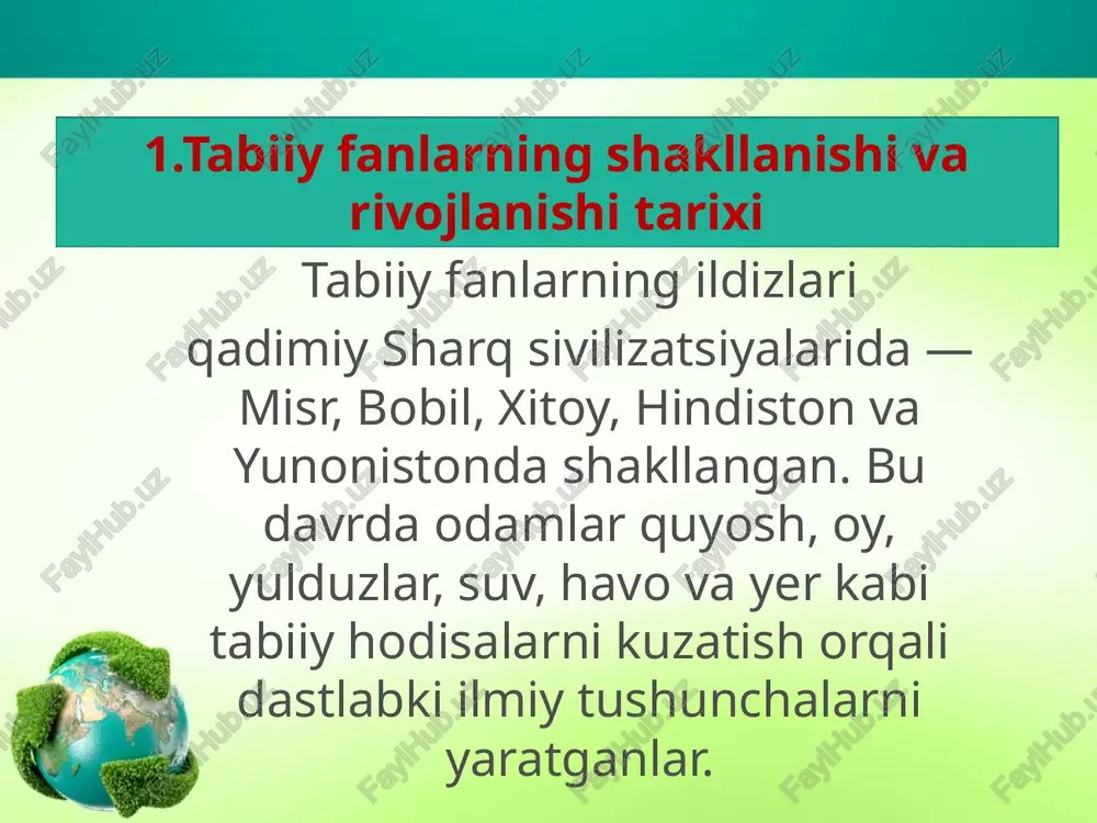 italiya) — teleskop orqali osmon kuzatuvlarini amalga oshirgan, fizikani tajriba fanga aylantirgan. isaak nyuton (angliya) — tortishish qonuni va klassik mexanika asoschisi. antuan lavuazye (fransiya) — kimyoda moddaning saqlanish qonunini isbotlagan. charlz darvin (angliya) — evolyutsiya nazariyasini yaratgan. yangi davr (xvi–xviii asr) olimlari dmitriy mendeleyev (rossiya) — kimyoviy elementlarning davriy jadvalini tuzgan. albert eynshteyn (germaniya/ aqsh) — nisbiylik nazariyasini yaratgan. luis paster (fransiya) — mikroblar va vaksinalar asoschisi. gregor mendel (avstriya) — genetika faniga asos solgan. o‘zbekistonlik olimlar va ularning hissasi qadimgi va o‘rta asr allomalari muhammad al-xorazmiy (ix asr) — matematika, astronomiya va geografiya asoschilaridan. ahmad al-farg‘oniy (ix asr) — quyosh, oy va yer harakatini ilmiy asosda tushuntirgan, uning asarlari yevropada fizika va astronomiya rivojiga kata ta’sir qilgan abu rayhon beruniy (xi asr) — geologiya, mineralogiya, fizika, kimyo va geografiya sohalarida jahon ilmining asoschilaridan biri. abu ali ibn sino (avitsenna) — “tib qonunlari” asari orqali biologiya va tibbiyotda yangi …