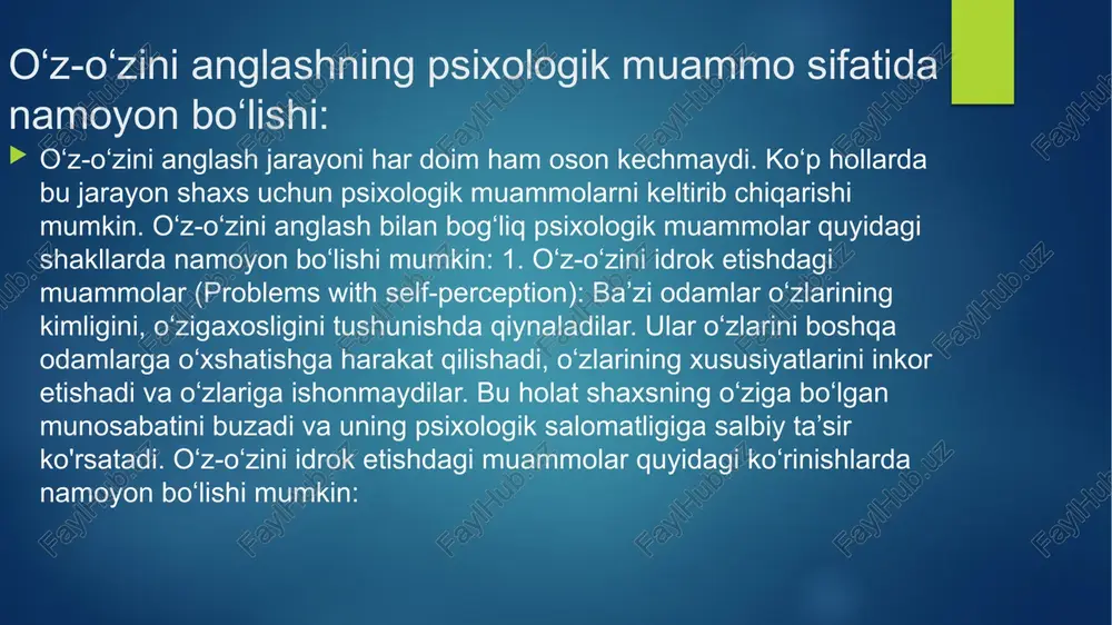 laridan uyalsa, o‘zini doimiy tanqid qilsa, bu uning psixologik holatiga salbiy ta’sir ko‘rsatadi. o'zini qabul qilmaslikshaxsda o‘ziga ishonchsizlik, xavotirlik, tushkunlik va boshqa psixologik muammolarni keltirib chiqarishi mumkin. o‘z-o‘zini rad etish (self-rejection): shaxs o‘zini rad etadi, o‘zining xususiyatlarini, his-tuyg‘ularini va ehtiyojlarini qabul qilmaydi. u o‘zini boshqa odamlarga o‘xshatishga harakat qiladi, o‘zining o‘ziga xosligini yashiradi va o‘ziga ishonmaydi. o‘z-o‘zini rad etish shaxsning o‘ziga bo‘lgan munosabatini buzadi va uning psixologik salomatligiga salbiy ta’sir ko‘rsatadi. o'z-o'zini anglash muammolarini yengish yo'llari: o‘z-o‘zini anglash bilan bog'liq psixologik muammolarni yengish uchun bir qancha yo'llar mavjud. bu yo'llar shaxsning o‘ziga bo'lgan munosabatini o'zgartirishga, o‘zini qabul qilishga va o'zini boshqarishga yordam beradi. o‘z-o‘zini kuzatish va tahlil qilish o‘z his-tuyg'ularini, fikrlarini va xatti-harakatlarini kuzatish va tahlil qilish o‘z-o‘zini kuzatish va tahlil qilish o‘z-o‘zini qabul qilish va mehribonlik o‘z-o‘zini rivojlantirish va o‘rganish psixologik yordam va terapiya ijtimoiy qo‘llab-quvvatlash va munosabatlar o‘z-o‘ziga g‘amxo‘rlik va sog‘lom turmush tarzi mindfulness va meditatsiya o‘z-o‘zini kuzatish …
